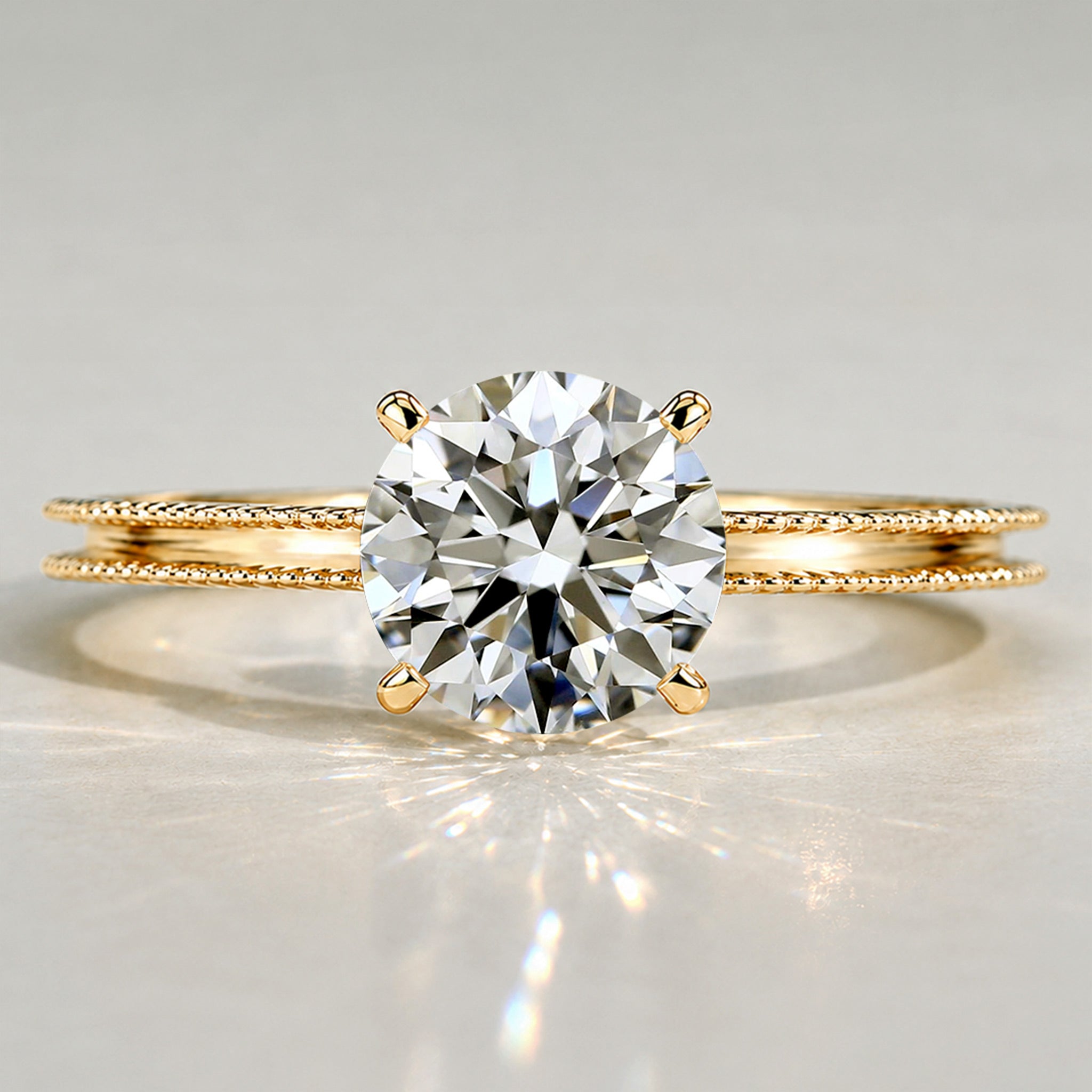 Solitaire Vintage Design Round Cut Lab Grown Diamond Tulip Basket Pave Shank Polished Milgrain Engagement Rings With Accent Diamonds #MCERL0014