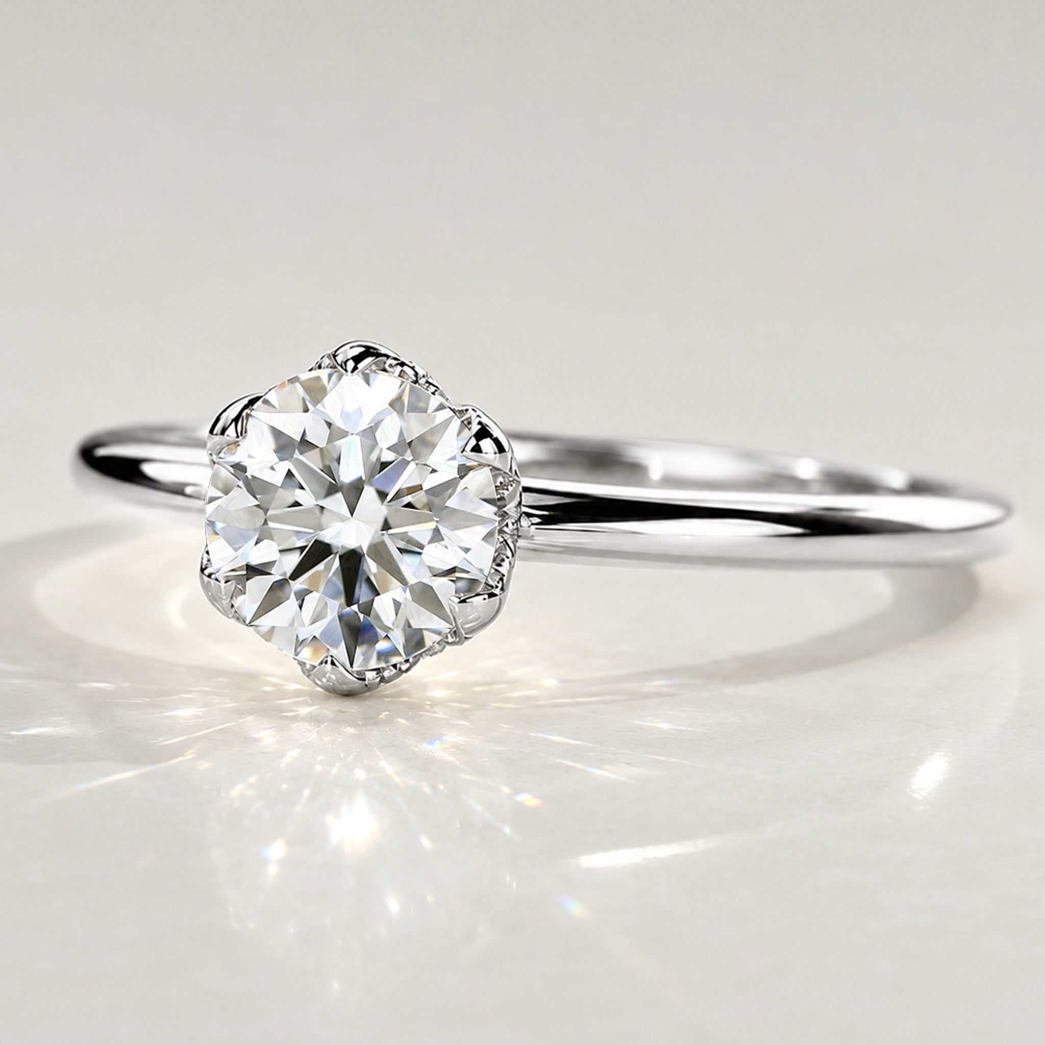 Solitaire Minimalist Nature Inspired Design Round Cut Lab Grown Diamond Tulip Basket Polished Engagement Rings #MCERL0015