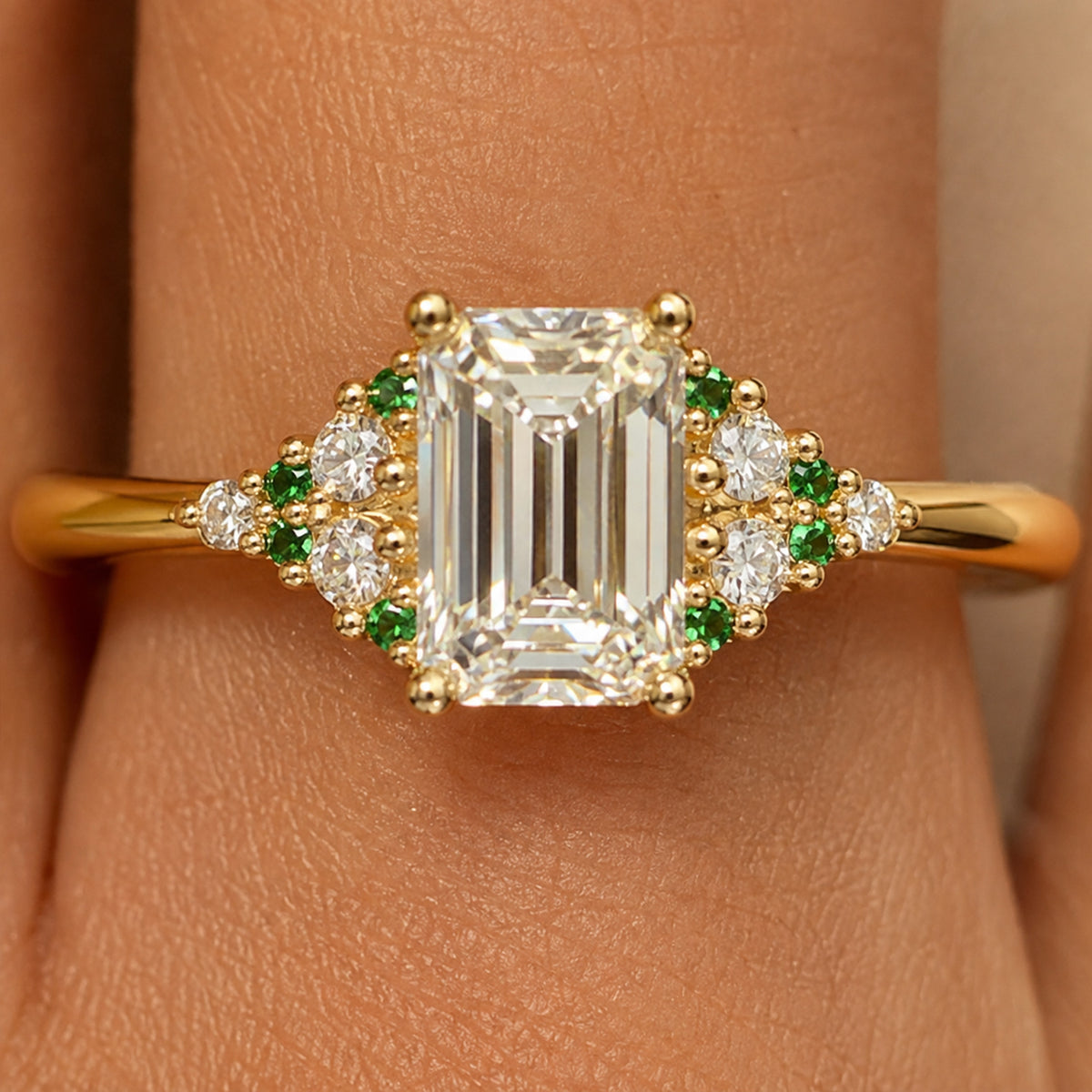 Art Deco Design Emerald Cut Lab Grown Diamond Cathedral Basket Tapered Shank Polished Engagement Rings With Round Cut Accent Diamonds And Green Emerald Side Stones #MCERL0002