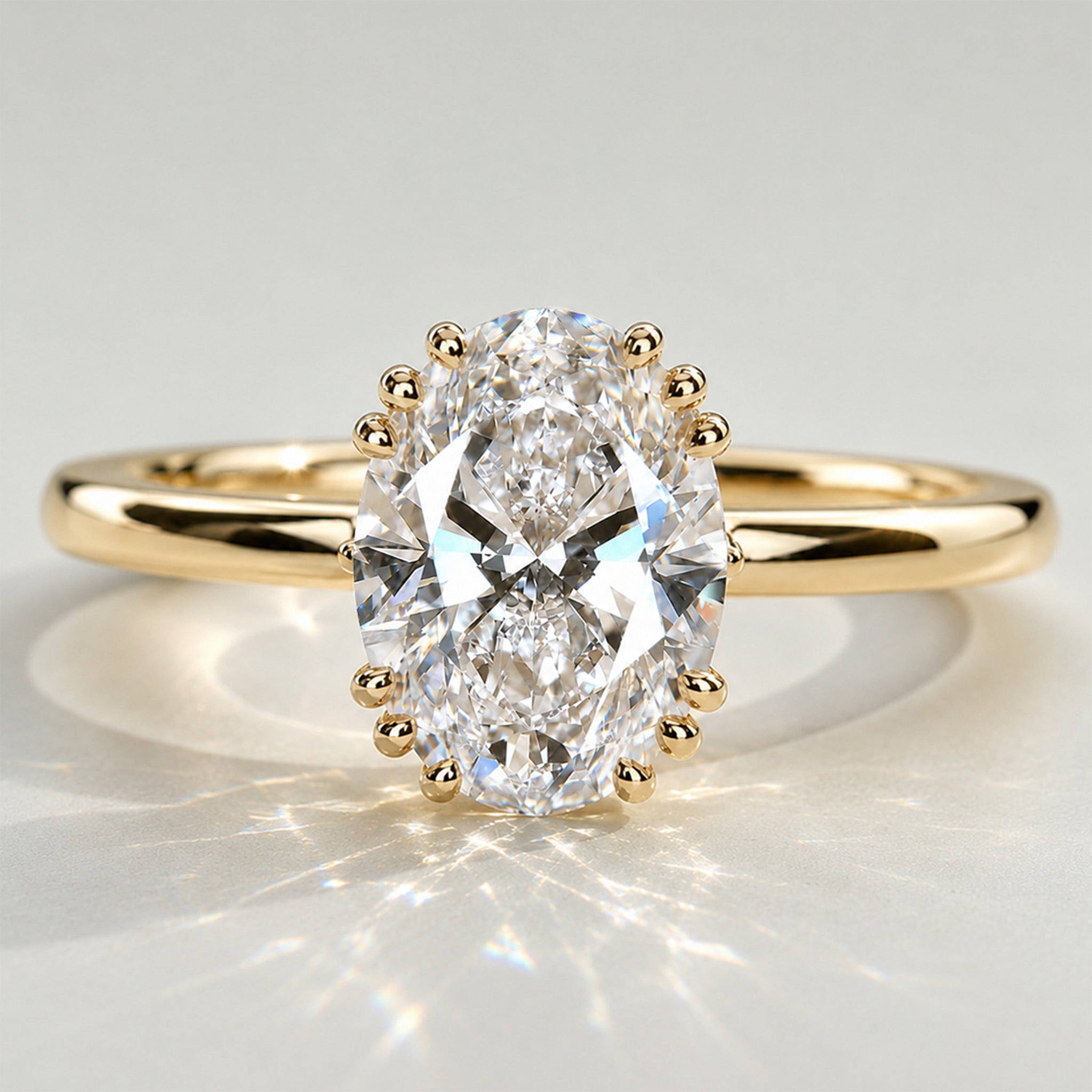 Solitaire Hidden Halo Minimalist Design Oval Cut Lab Grown Diamond Tulip Basket Polished Engagement Ring With Round Cut Accent Stones #MCERL0037