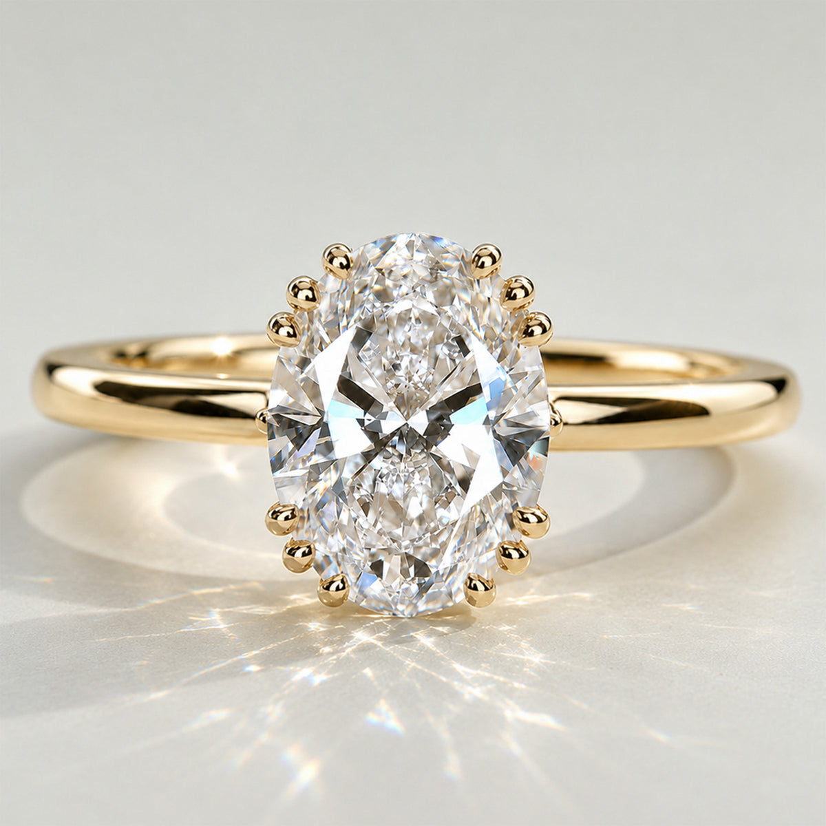 Solitaire Hidden Halo Minimalist Design Oval Cut Lab Grown Diamond Tulip Basket Polished Engagement Ring With Round Cut Accent Stones #MCERL0037