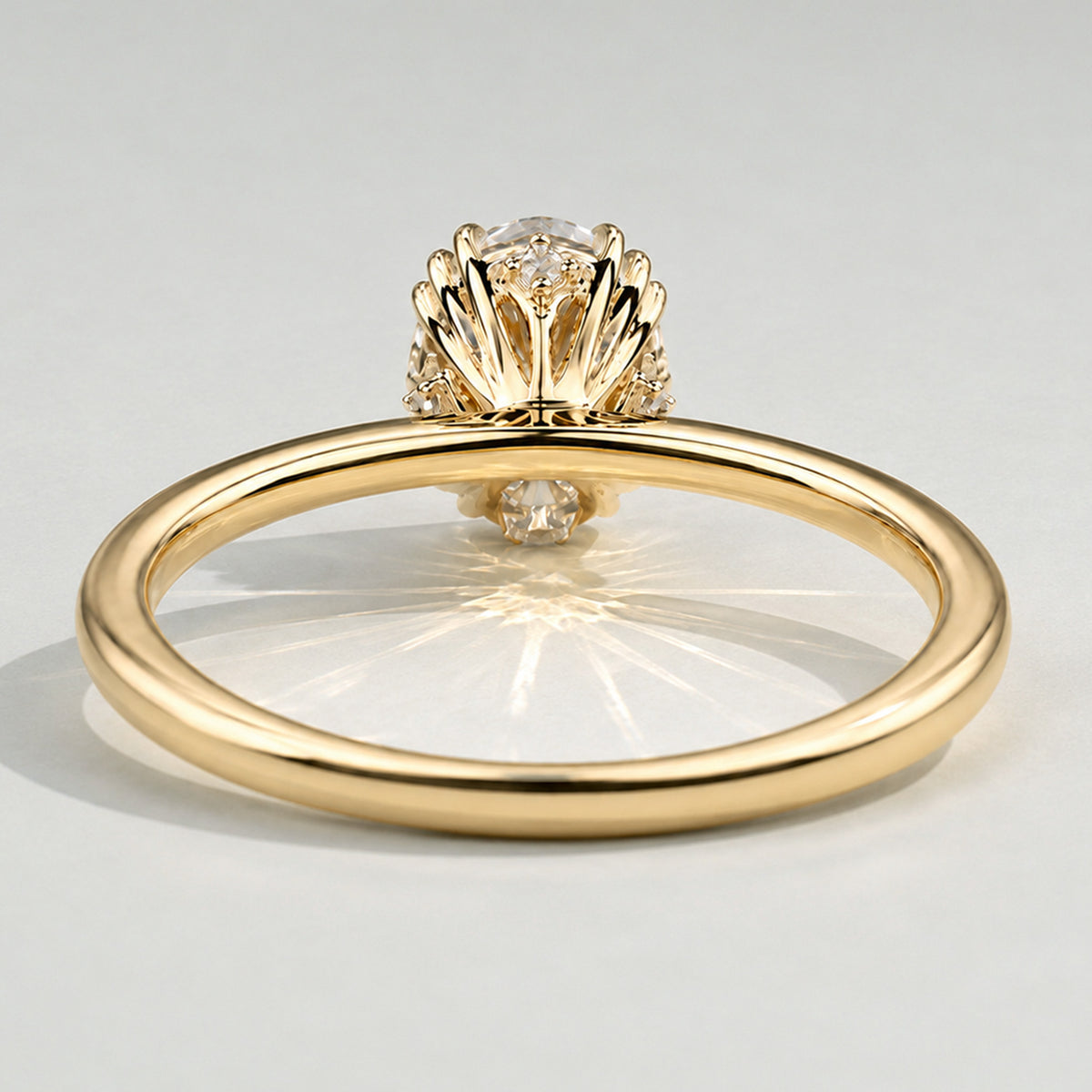 Solitaire Hidden Halo Minimalist Design Oval Cut Lab Grown Diamond Tulip Basket Polished Engagement Ring With Round Cut Accent Stones #MCERL0037