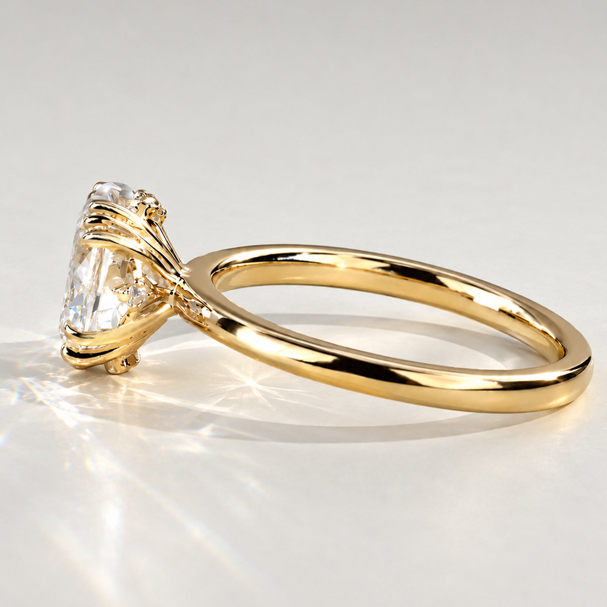Solitaire Hidden Halo Minimalist Design Oval Cut Lab Grown Diamond Tulip Basket Polished Engagement Ring With Round Cut Accent Stones #MCERL0037