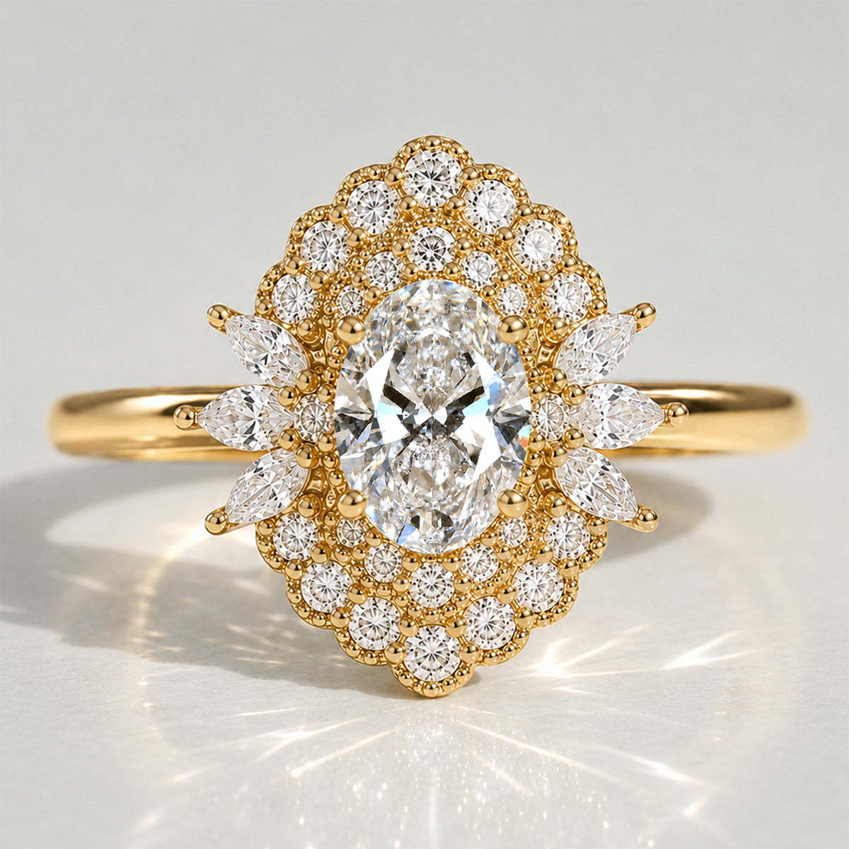 Double Halo Vintage Art Deco Design Oval Cut Lab Grown Diamond Cathedral Basket Tapered Shank Polished Engagement Ring With Round Cut And Marquise Cut Accent Stones #MCERL0038