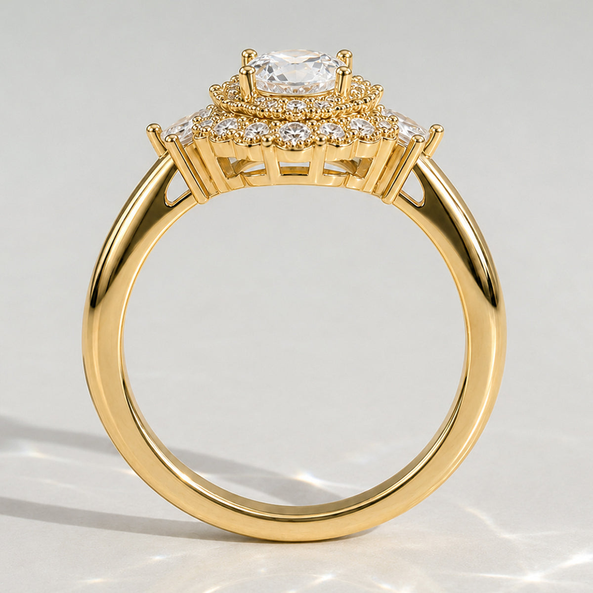 Double Halo Vintage Art Deco Design Oval Cut Lab Grown Diamond Cathedral Basket Tapered Shank Polished Engagement Ring With Round Cut And Marquise Cut Accent Stones #MCERL0038