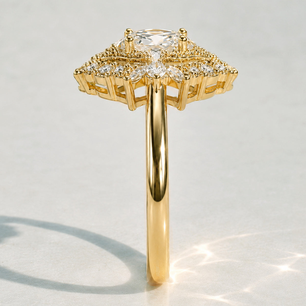 Double Halo Vintage Art Deco Design Oval Cut Lab Grown Diamond Cathedral Basket Tapered Shank Polished Engagement Ring With Round Cut And Marquise Cut Accent Stones #MCERL0038