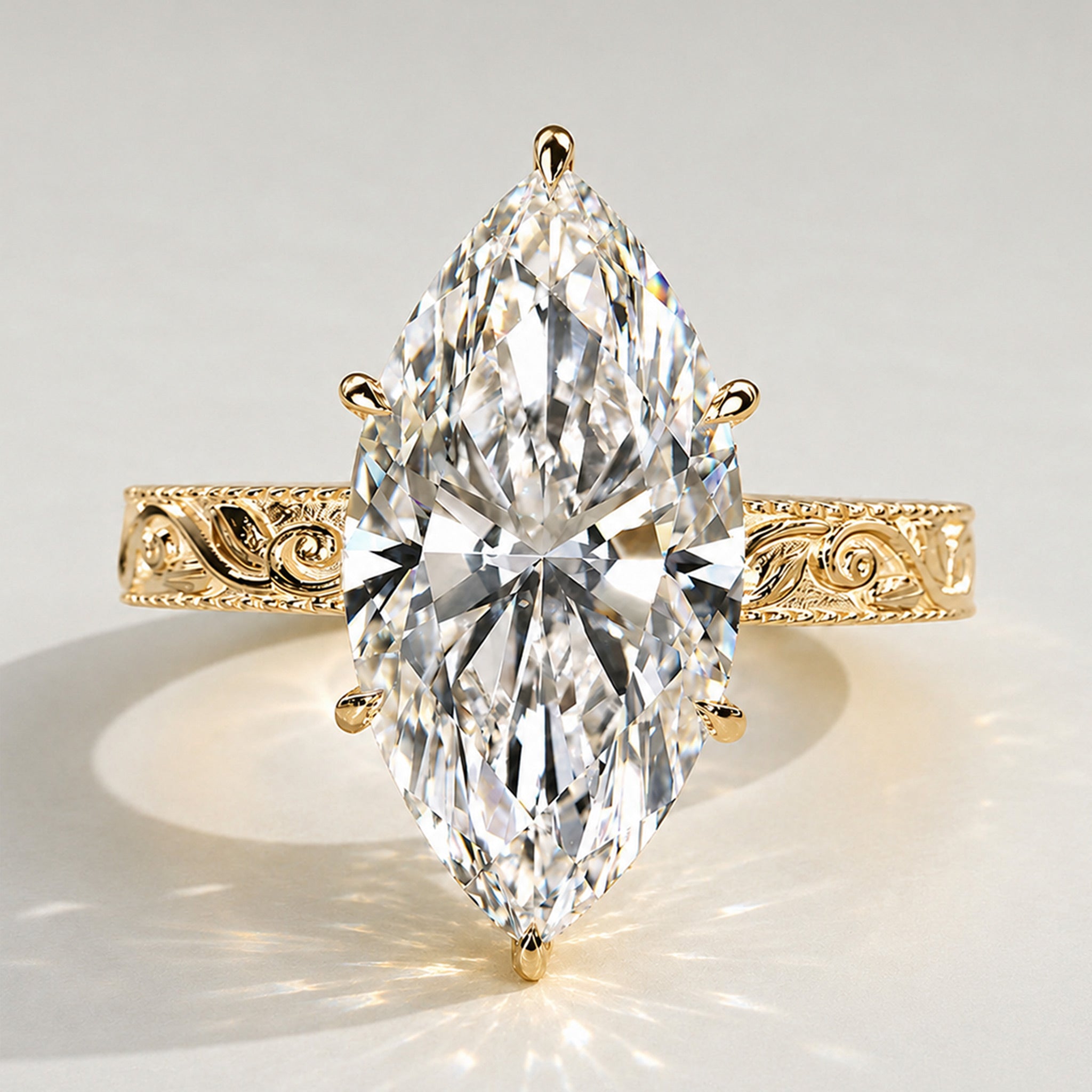 Nature Inspired Vintage Design Marquise Cut Lab Grown Diamond Hidden Halo Basket Milgrain Shank Engraved Engagement Rings With Round Cut Accent Stones #MCERL0052