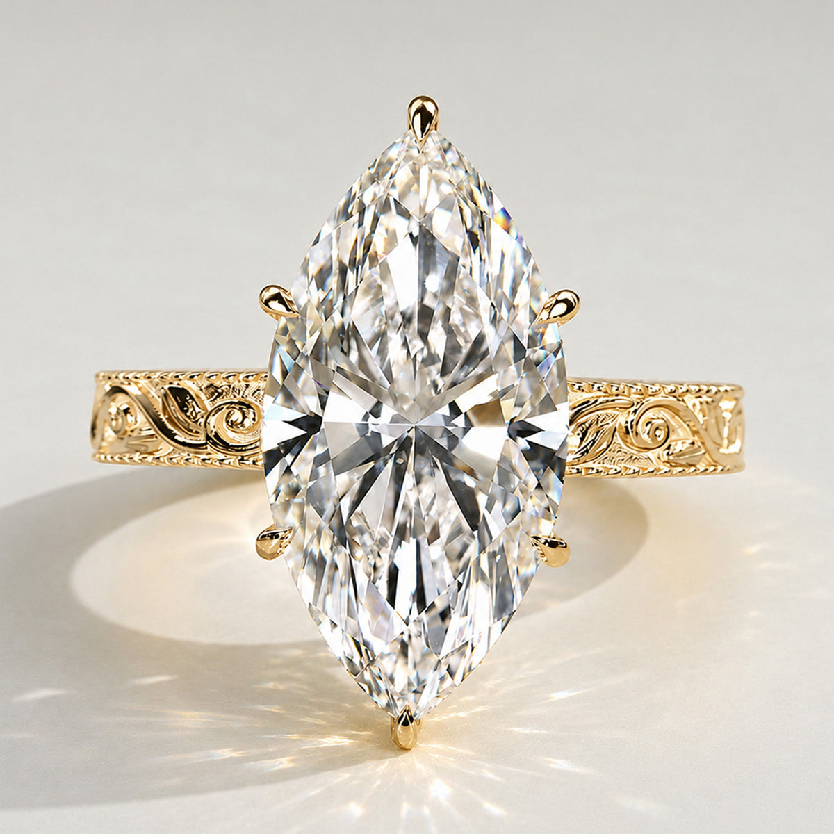Nature Inspired Vintage Design Marquise Cut Lab Grown Diamond Hidden Halo Basket Milgrain Shank Engraved Engagement Rings With Round Cut Accent Stones #MCERL0052