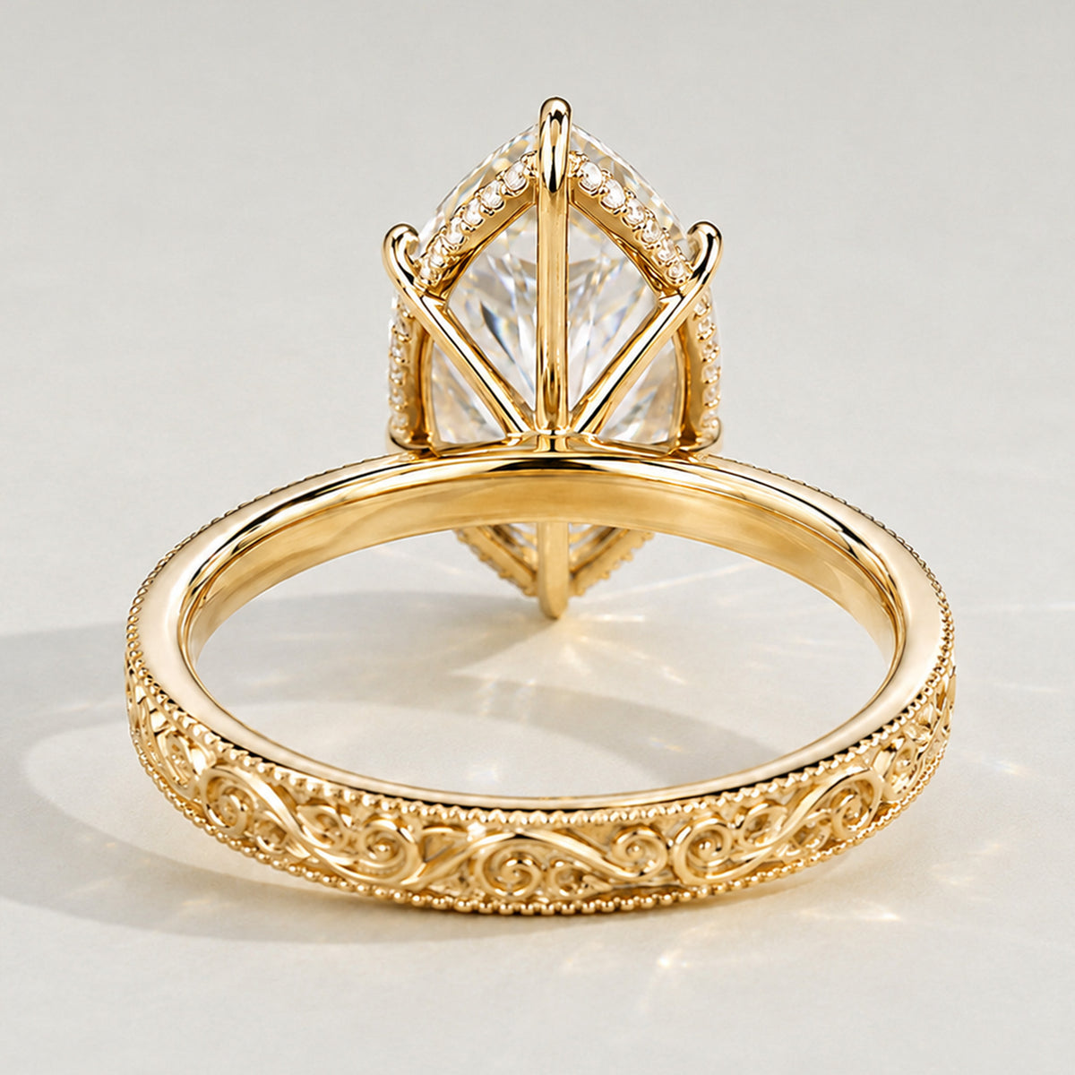 Nature Inspired Vintage Design Marquise Cut Lab Grown Diamond Hidden Halo Basket Milgrain Shank Engraved Engagement Rings With Round Cut Accent Stones #MCERL0052