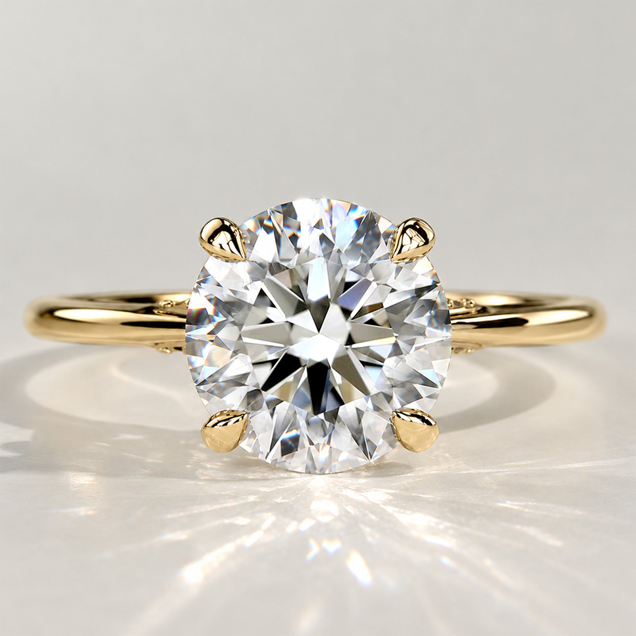Classic Hidden Halo Design Round Cut Lab Grown Diamond Cathedral Basket Tapered Shank Polished Engagement Ring With Round Cut Accent Stones#MCERL0053