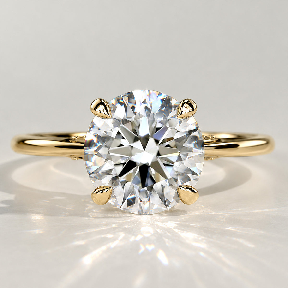 Classic Hidden Halo Design Round Cut Lab Grown Diamond Cathedral Basket Tapered Shank Polished Engagement Ring With Round Cut Accent Stones#MCERL0053