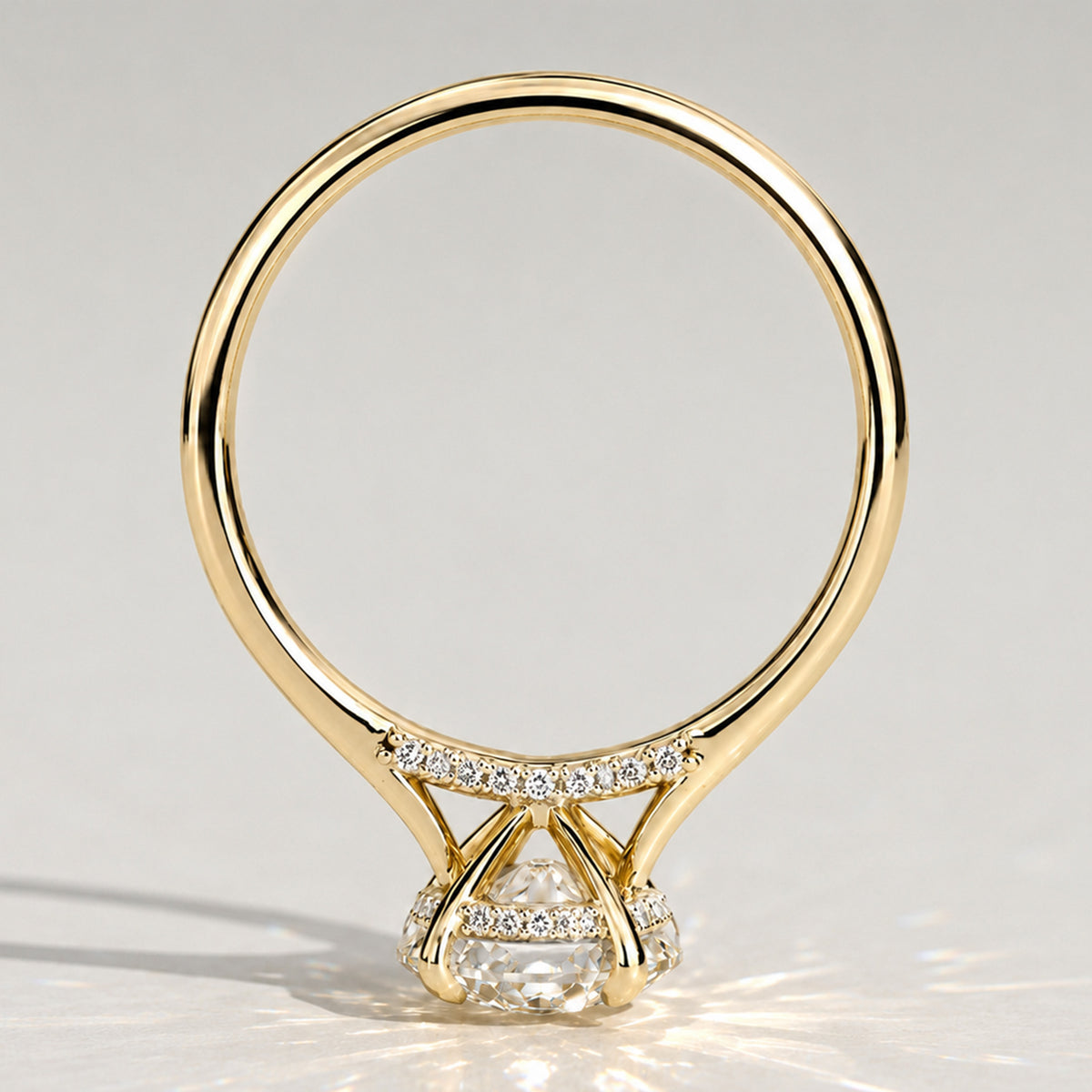 Classic Hidden Halo Design Round Cut Lab Grown Diamond Cathedral Basket Tapered Shank Polished Engagement Ring With Round Cut Accent Stones#MCERL0053