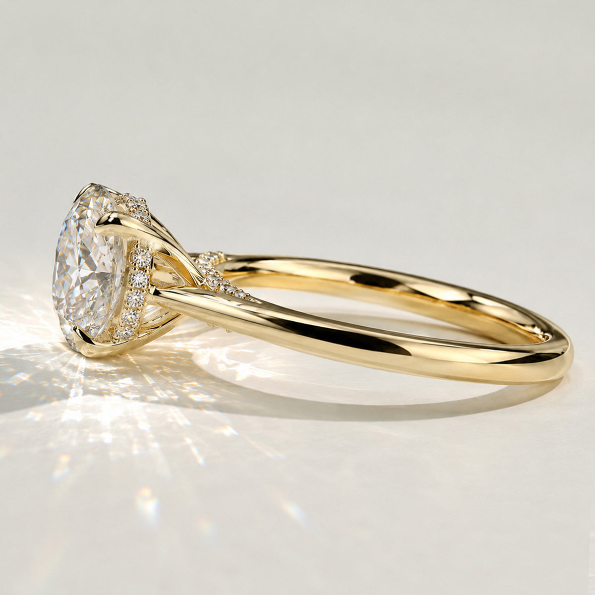 Classic Hidden Halo Design Round Cut Lab Grown Diamond Cathedral Basket Tapered Shank Polished Engagement Ring With Round Cut Accent Stones#MCERL0053