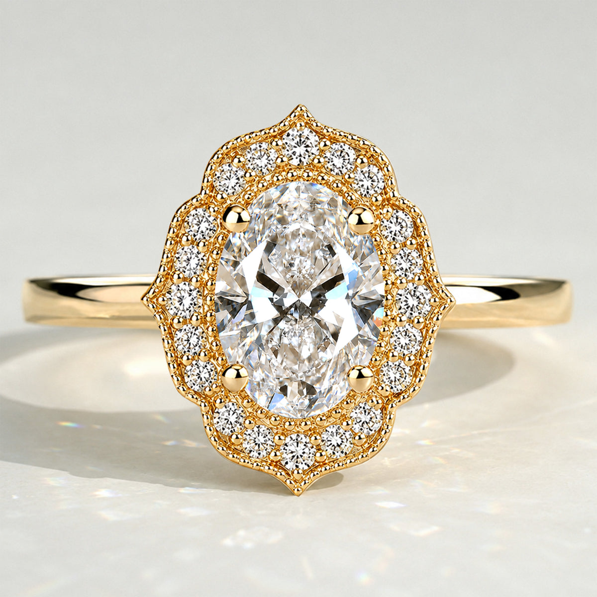 Halo Vintage Design Oval Cut Lab Grown Diamond Cathedral Basket Tapered Shank Polished Engagement Rings With Round Cut Accent Stones#MCERL0058