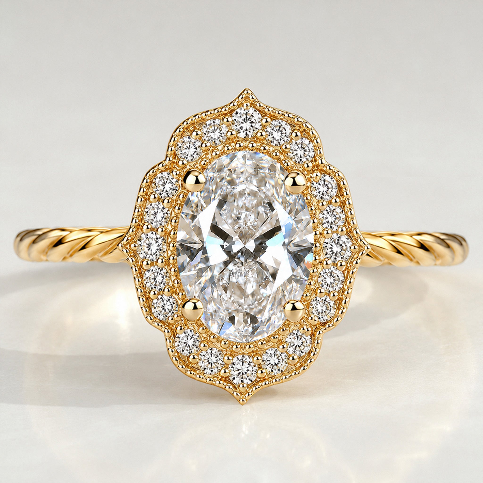 Halo Vintage Design Oval Cut Lab Grown Diamond Standard Basket Twisted Rope Shank Engagement Rings With Round Cut Accent Stones #MCERL0059