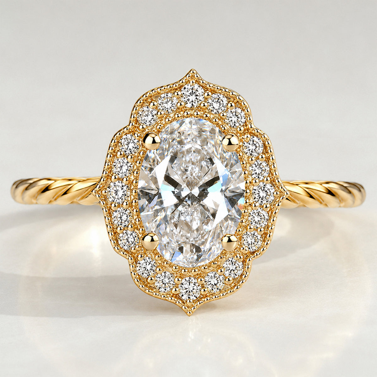 Halo Vintage Design Oval Cut Lab Grown Diamond Standard Basket Twisted Rope Shank Engagement Rings With Round Cut Accent Stones #MCERL0059