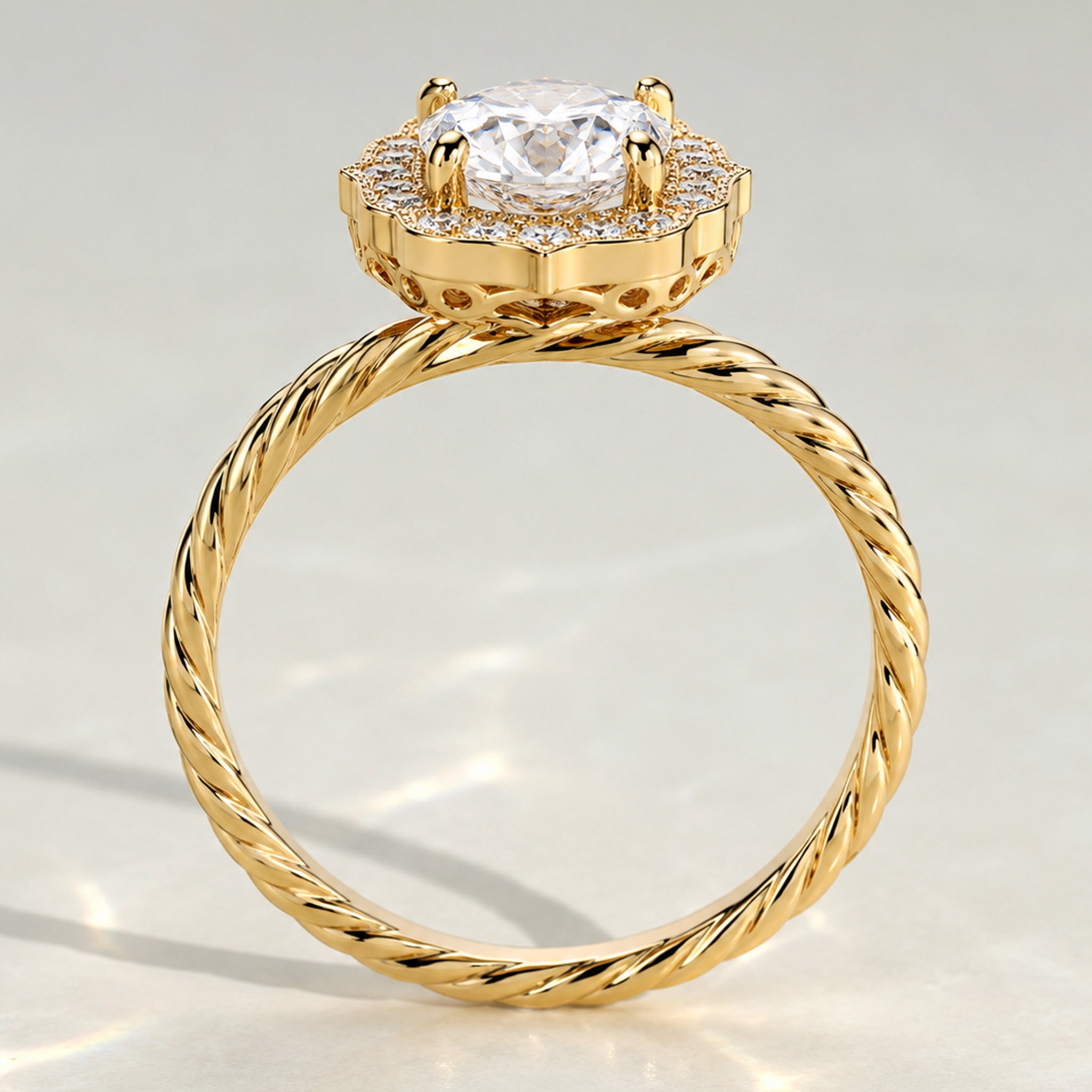 Halo Vintage Design Oval Cut Lab Grown Diamond Standard Basket Twisted Rope Shank Engagement Rings With Round Cut Accent Stones #MCERL0059