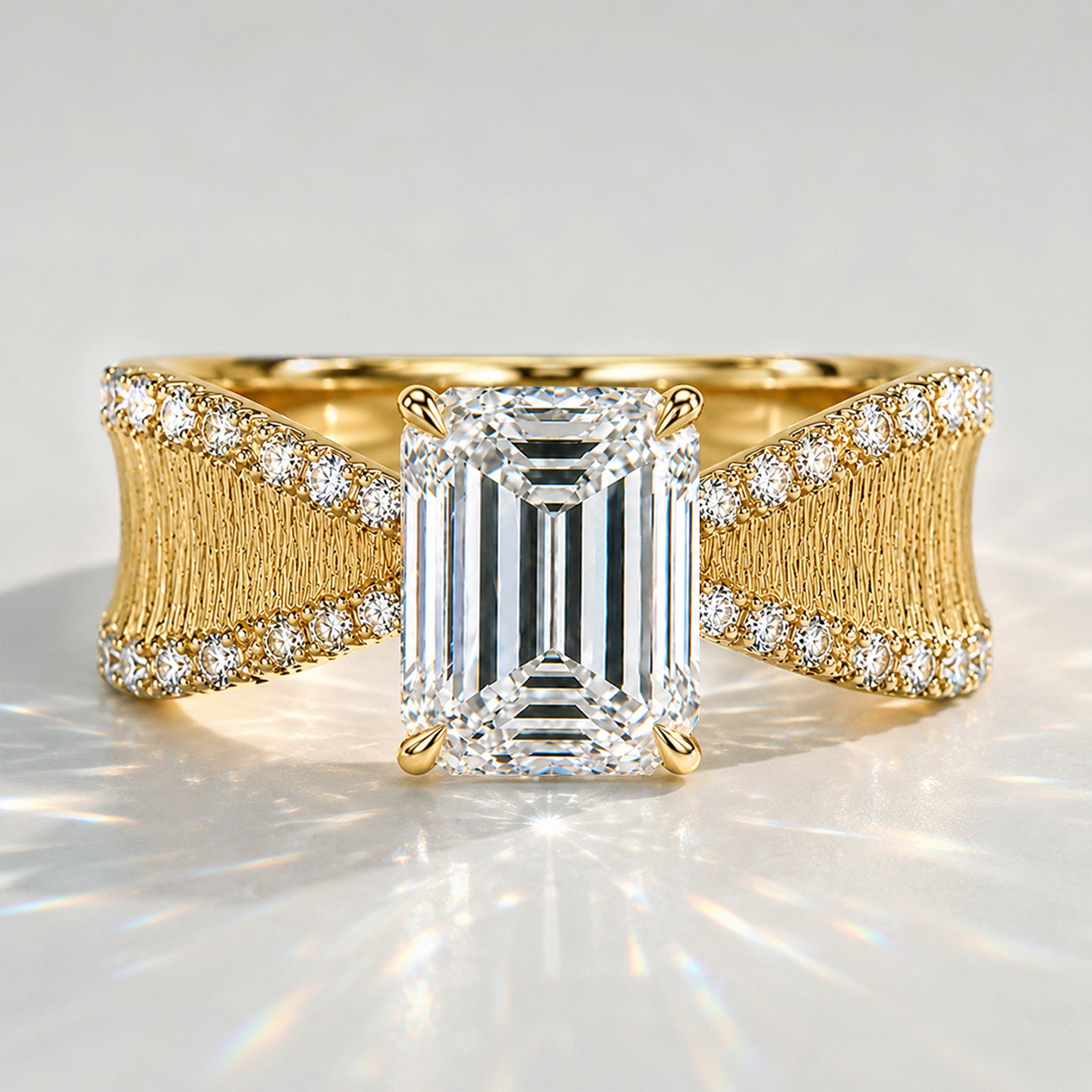 Art Deco Modern Design Emerald Cut Lab Grown Diamond Pave Tapered Shank Brushed Finish Engagement Rings #MCERL0005