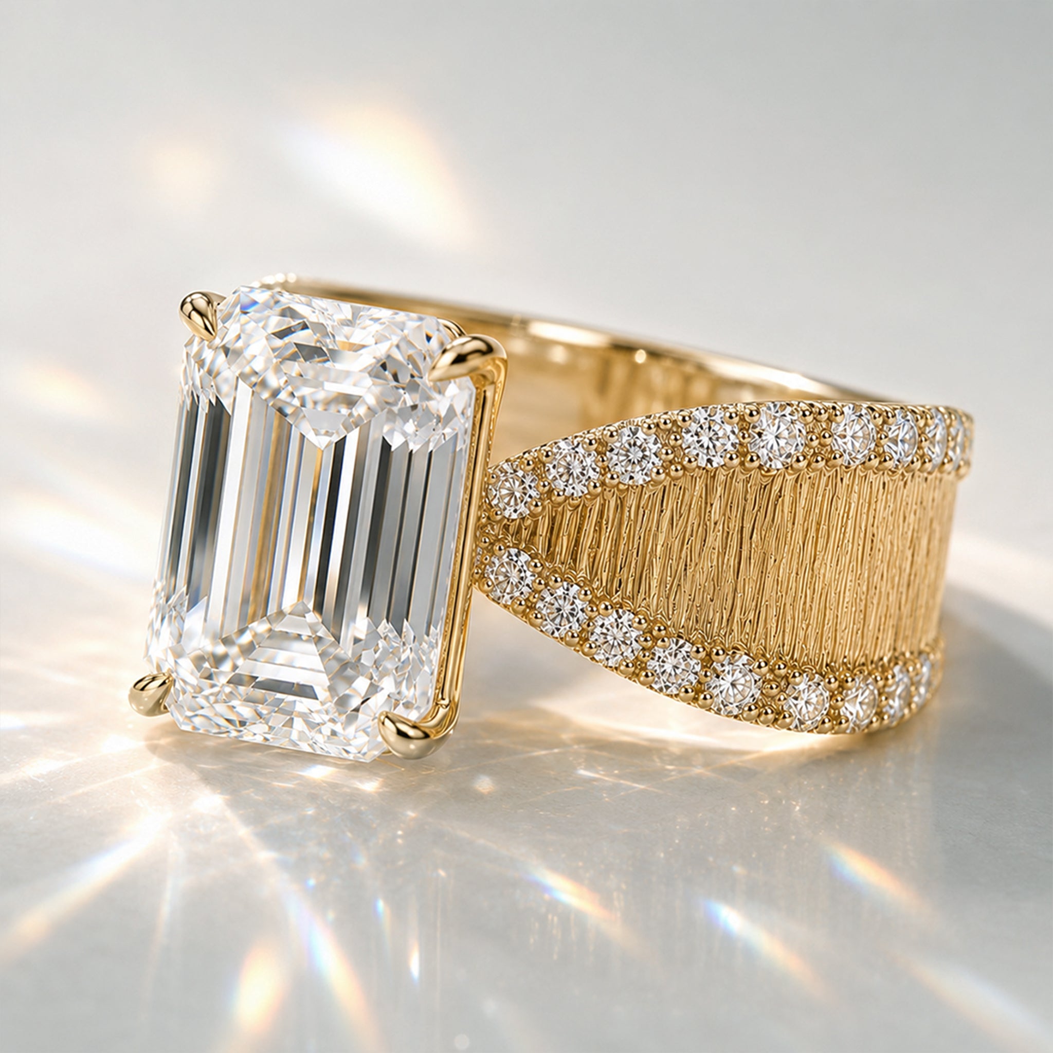 Art Deco Modern Design Emerald Cut Lab Grown Diamond Pave Tapered Shank Brushed Finish Engagement Rings #MCERL0005