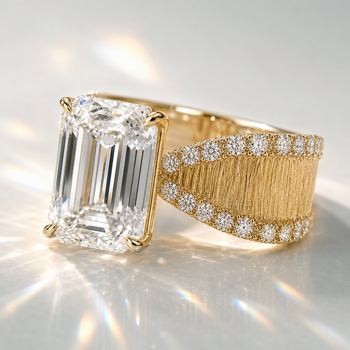 Art Deco Modern Design Emerald Cut Lab Grown Diamond Pave Tapered Shank Brushed Finish Engagement Rings #MCERL0005