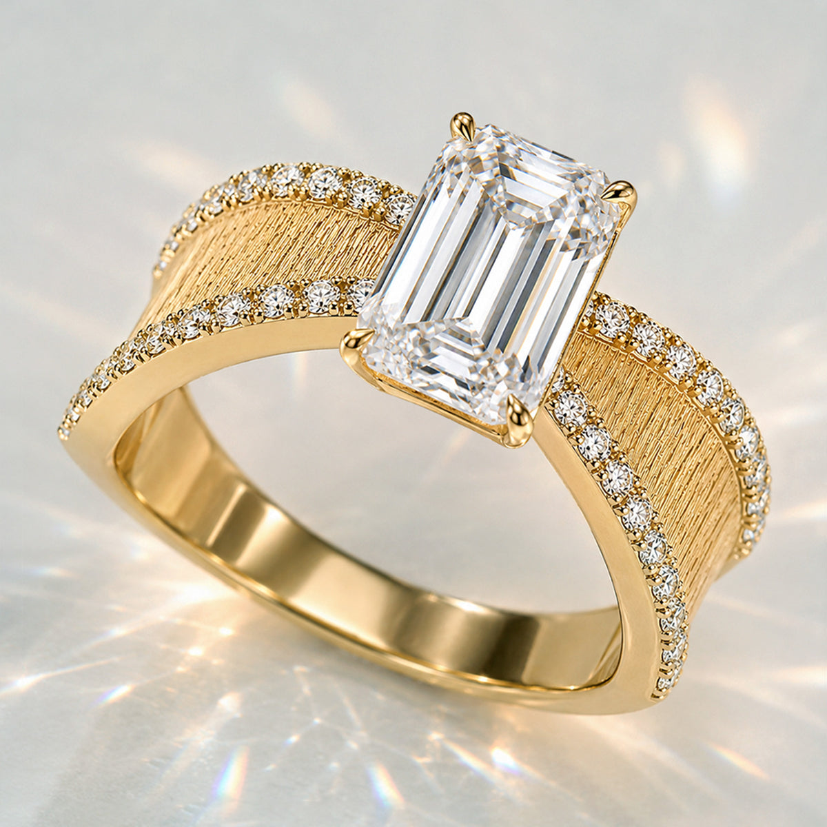 Art Deco Modern Design Emerald Cut Lab Grown Diamond Pave Tapered Shank Brushed Finish Engagement Rings #MCERL0005