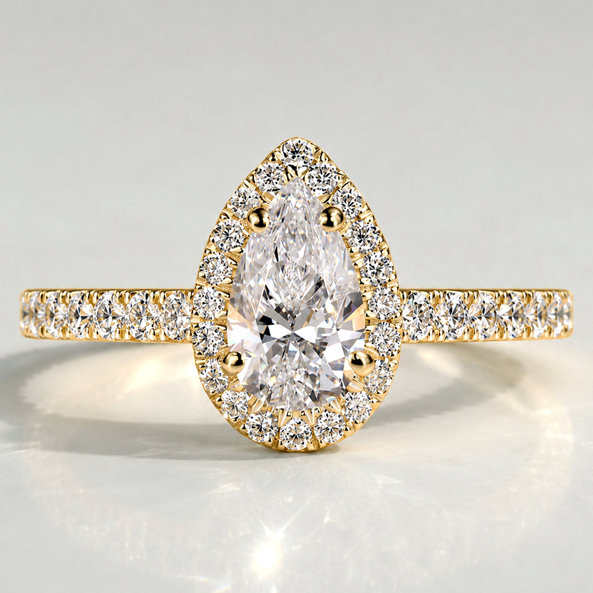 Classic Halo Design Pear Cut Lab Grown Diamond Cathedral Basket Pave Shank Engagement Ring With Round Cut Accent Stones #MCERL0060