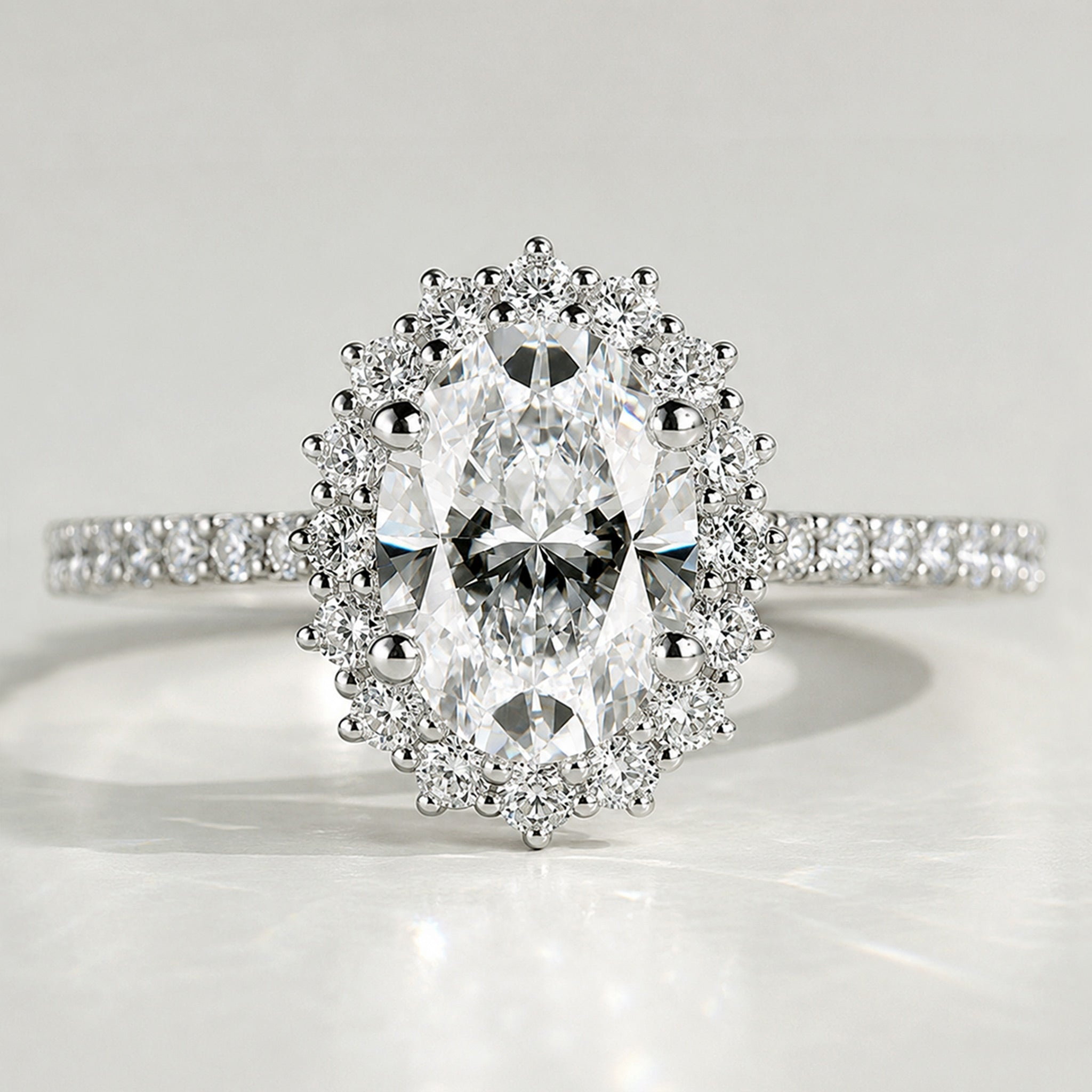 Halo Art Deco Design Oval Cut Lab Grown Diamond Tulip Cathedral Basket Pave Tapered Shank Engagement Ring with Round Cut Accent Stones #MCERL0061