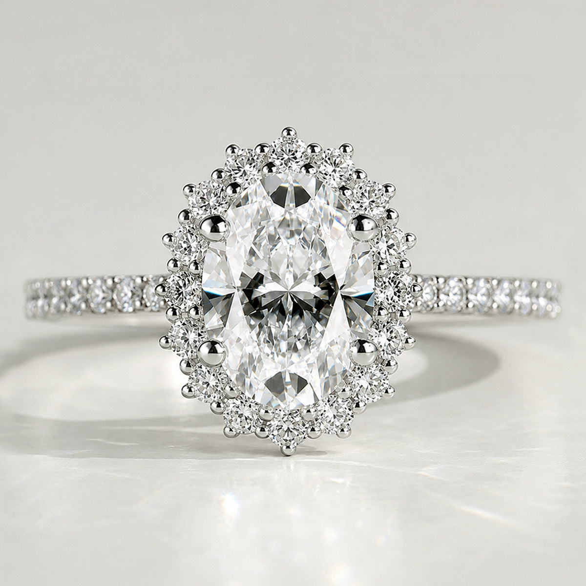 Halo Art Deco Design Oval Cut Lab Grown Diamond Tulip Cathedral Basket Pave Tapered Shank Engagement Ring with Round Cut Accent Stones #MCERL0061