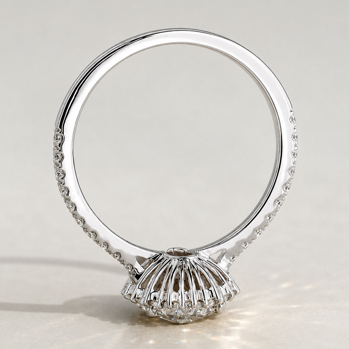 Halo Art Deco Design Oval Cut Lab Grown Diamond Tulip Cathedral Basket Pave Tapered Shank Engagement Ring with Round Cut Accent Stones #MCERL0061
