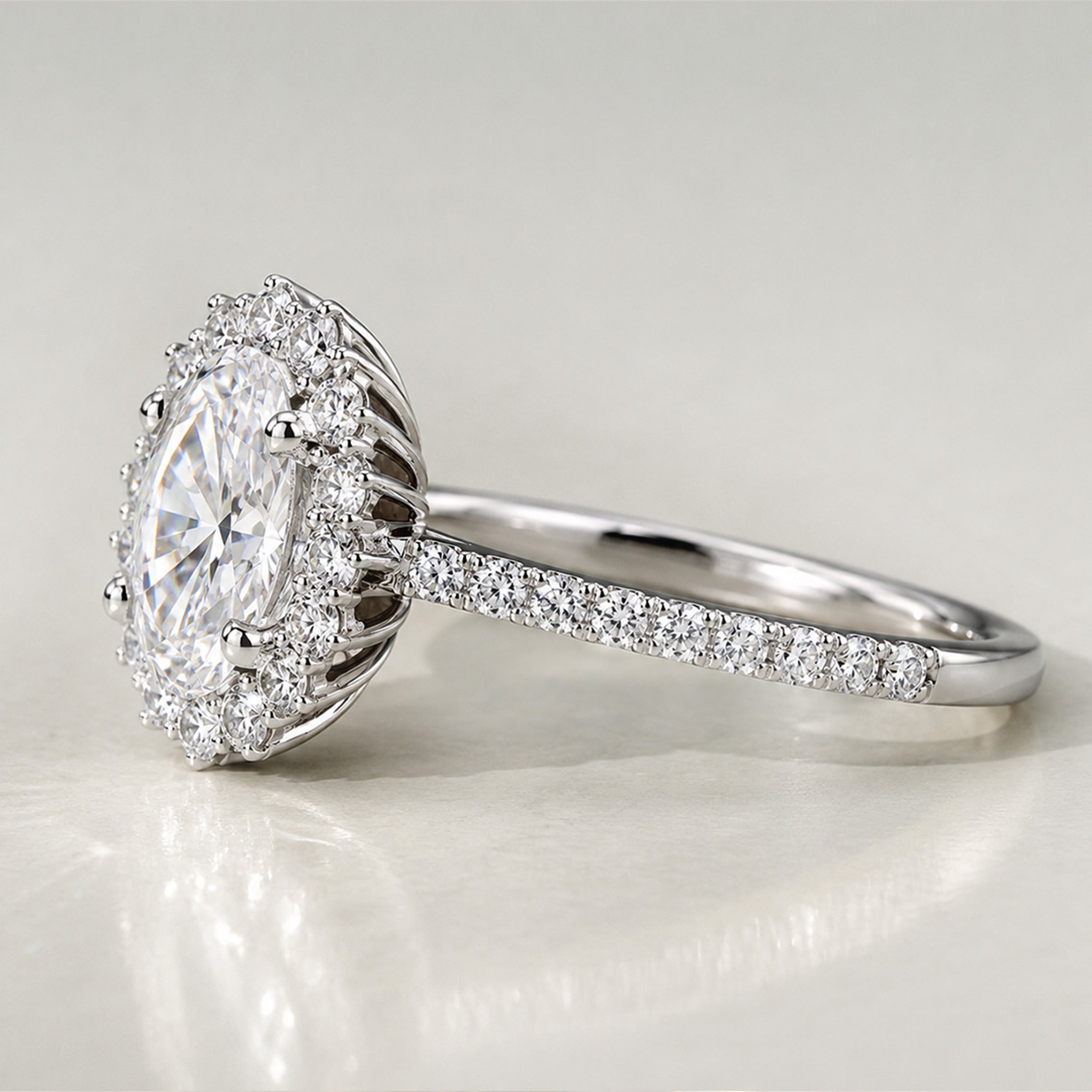 Halo Art Deco Design Oval Cut Lab Grown Diamond Tulip Cathedral Basket Pave Tapered Shank Engagement Ring with Round Cut Accent Stones #MCERL0061