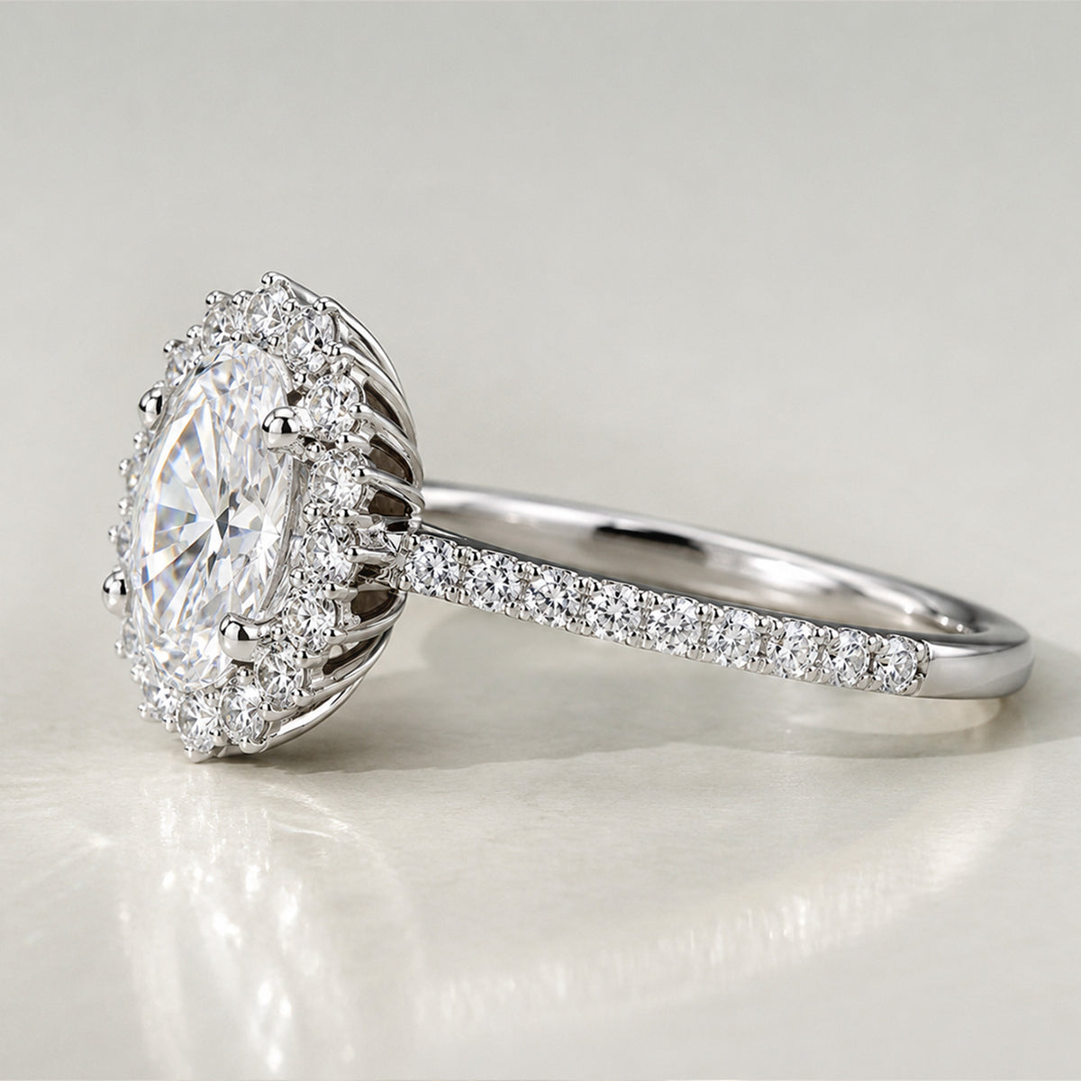 Halo Art Deco Design Oval Cut Lab Grown Diamond Tulip Cathedral Basket Pave Tapered Shank Engagement Ring with Round Cut Accent Stones #MCERL0061
