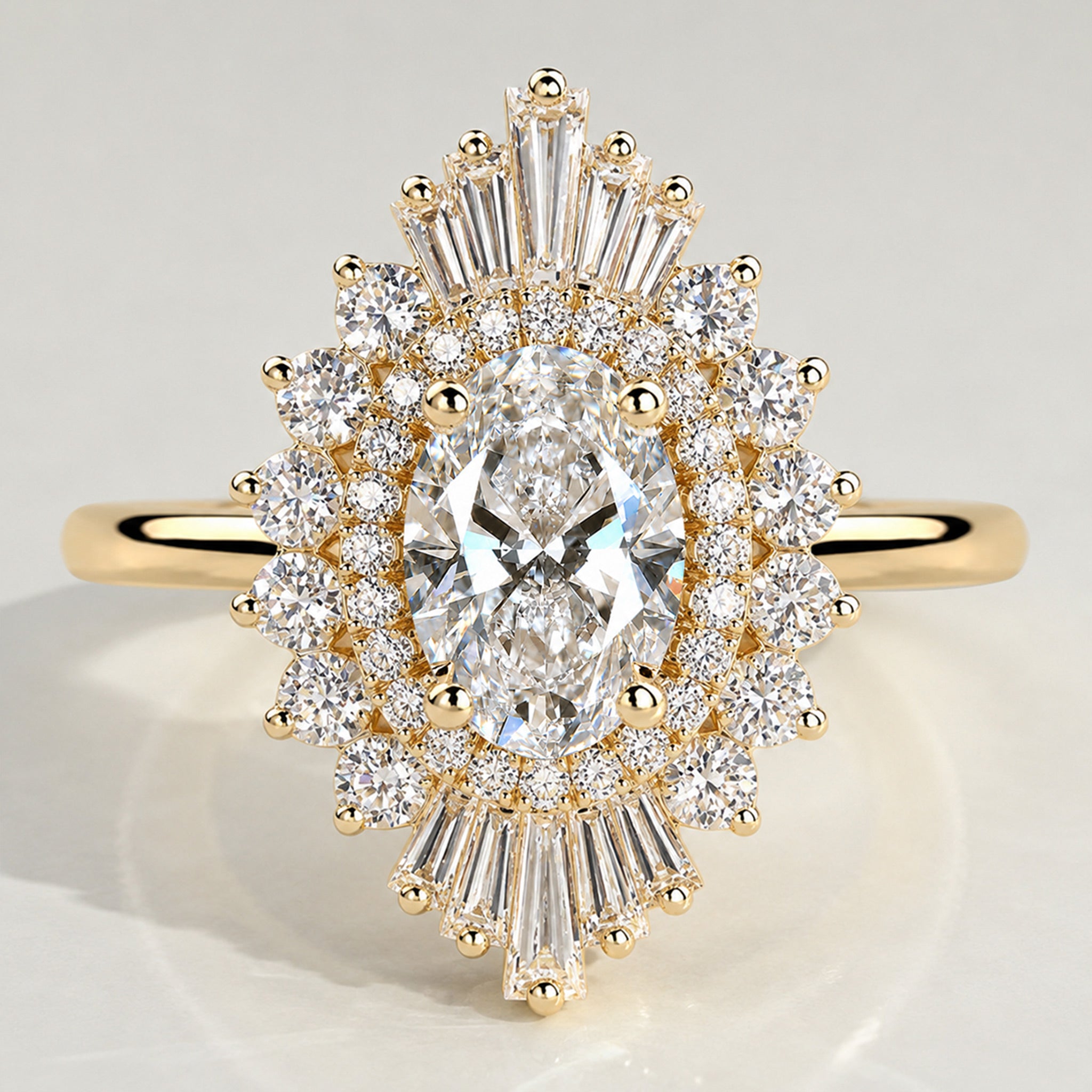 3CT Double Halo Art Deco Design Oval Cut Lab Grown Diamond Cathedral Basket  Polished Shank Engagement Ring With Round Cut Accent Stones #MCERL0062