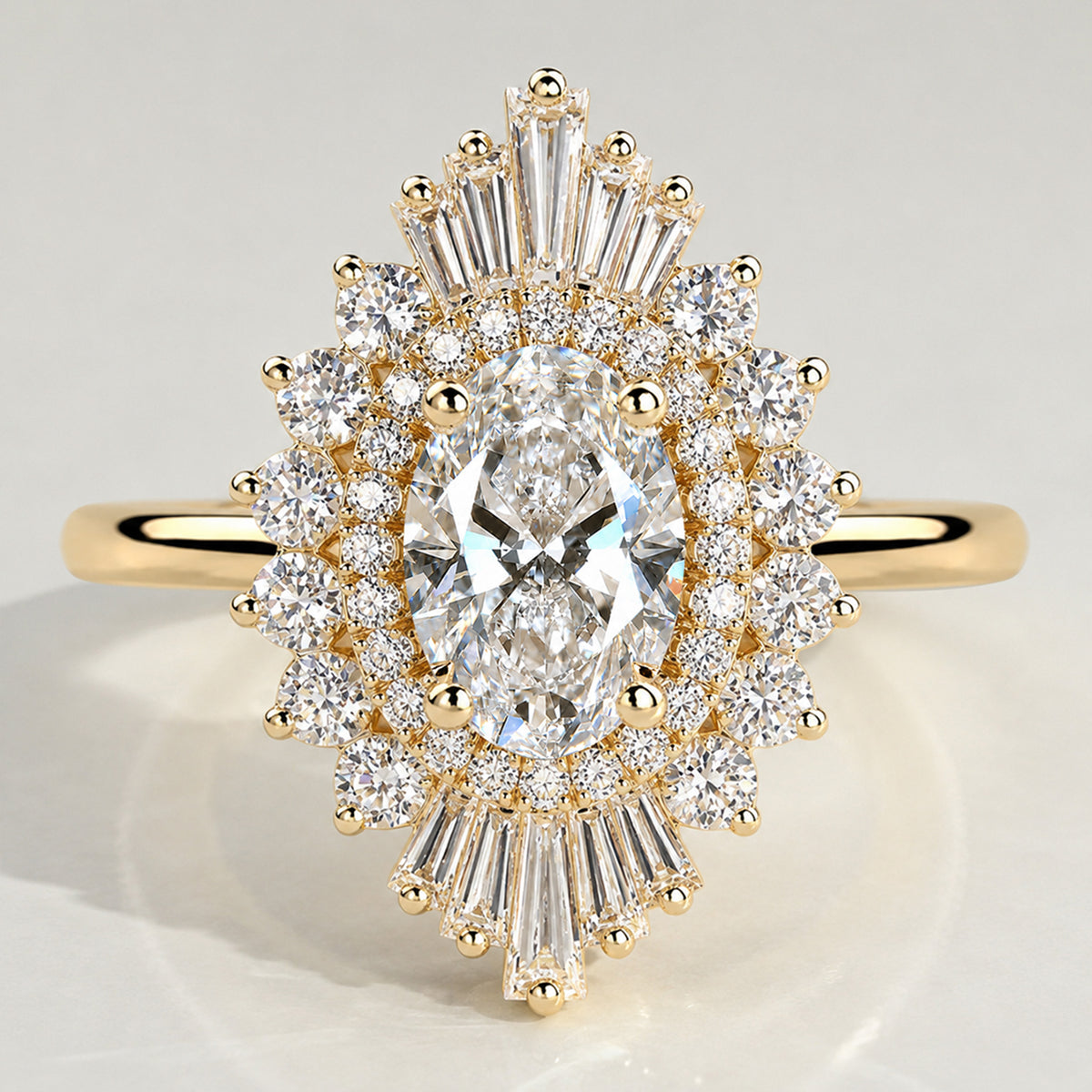 3CT Double Halo Art Deco Design Oval Cut Lab Grown Diamond Cathedral Basket  Polished Shank Engagement Ring With Round Cut Accent Stones #MCERL0062