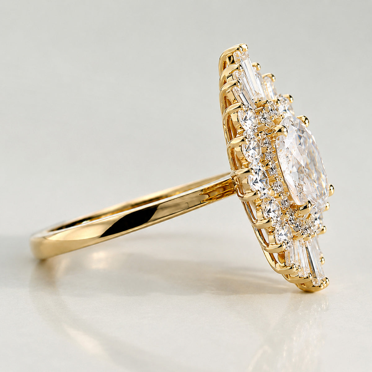 3CT Double Halo Art Deco Design Oval Cut Lab Grown Diamond Cathedral Basket  Polished Shank Engagement Ring With Round Cut Accent Stones #MCERL0062