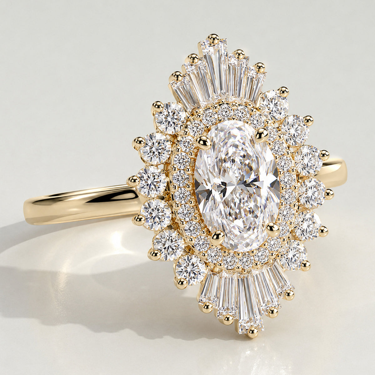 3CT Double Halo Art Deco Design Oval Cut Lab Grown Diamond Cathedral Basket  Polished Shank Engagement Ring With Round Cut Accent Stones #MCERL0062
