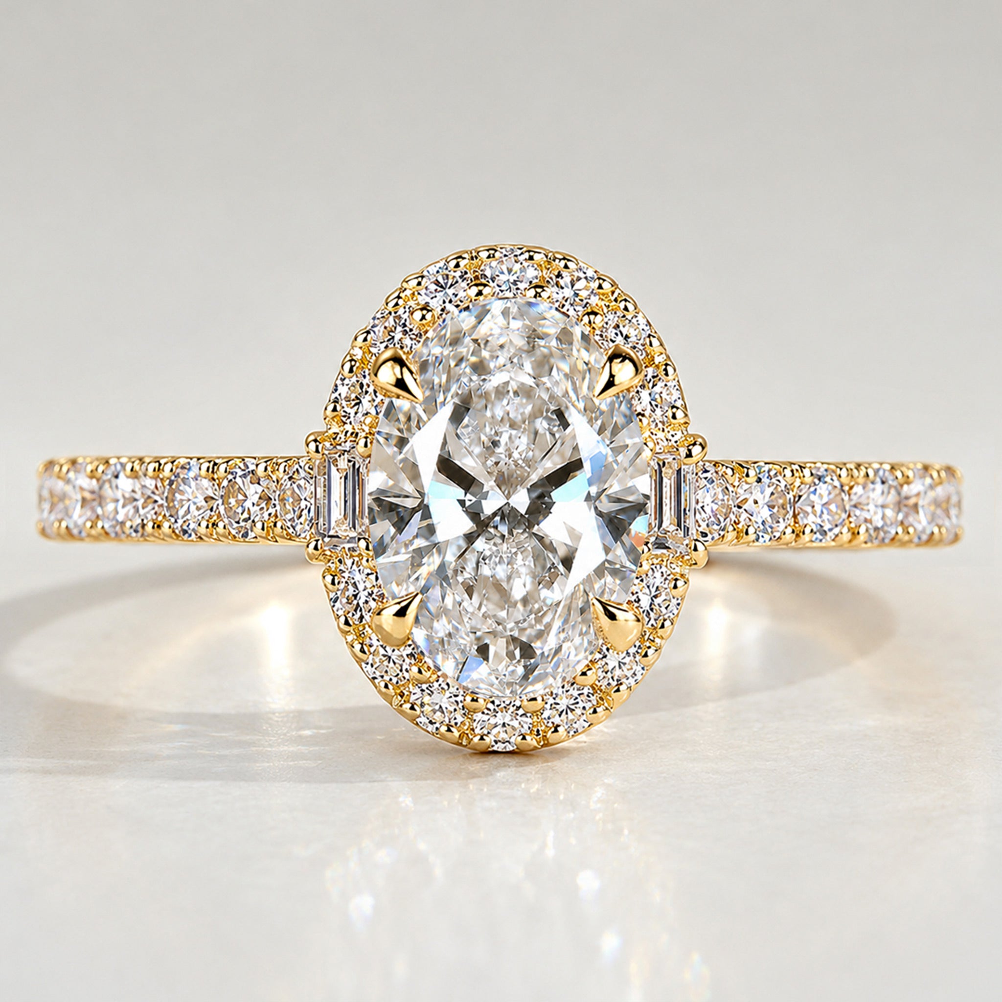 Halo Art Deco Design Oval Cut Lab Grown Diamond Cathedral Basket Pave Tapered Shank Polished Engagement Rings With Round Cut Accent And Baguette Cut Stones #MCERL0063