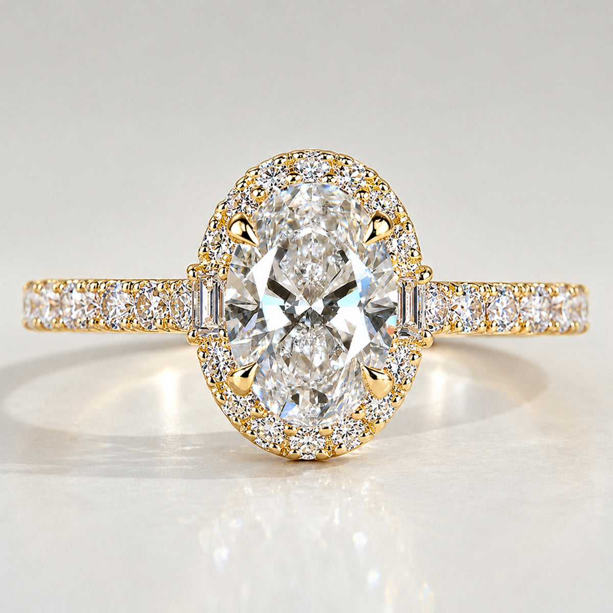 Halo Art Deco Design Oval Cut Lab Grown Diamond Cathedral Basket Pave Tapered Shank Polished Engagement Rings With Round Cut Accent And Baguette Cut Stones #MCERL0063