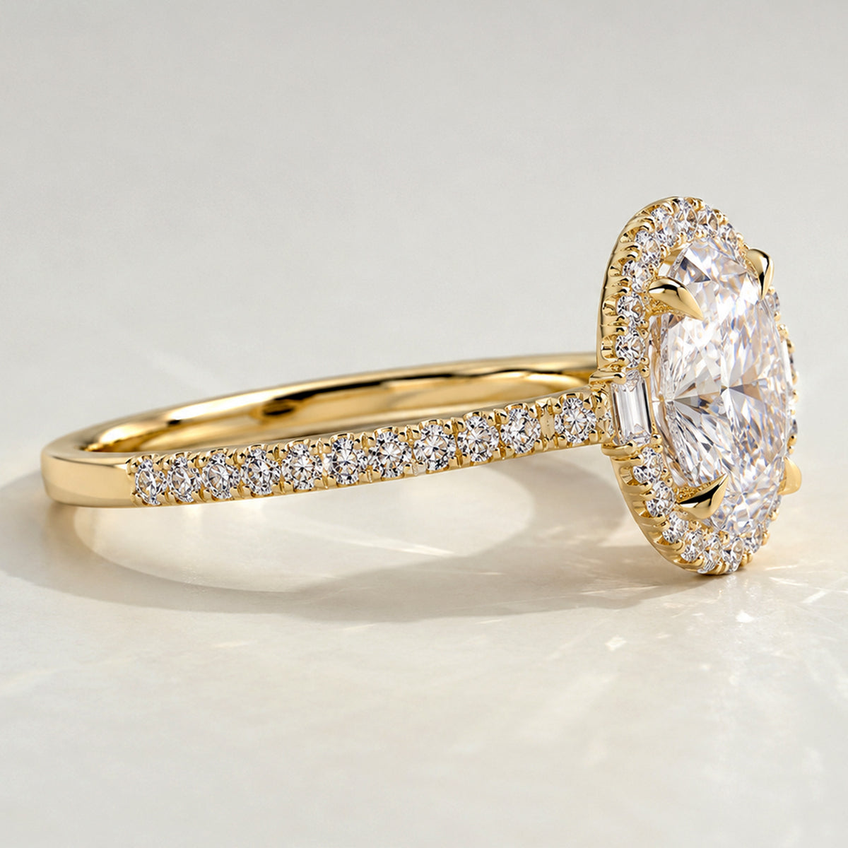 Halo Art Deco Design Oval Cut Lab Grown Diamond Cathedral Basket Pave Tapered Shank Polished Engagement Rings With Round Cut Accent And Baguette Cut Stones #MCERL0063