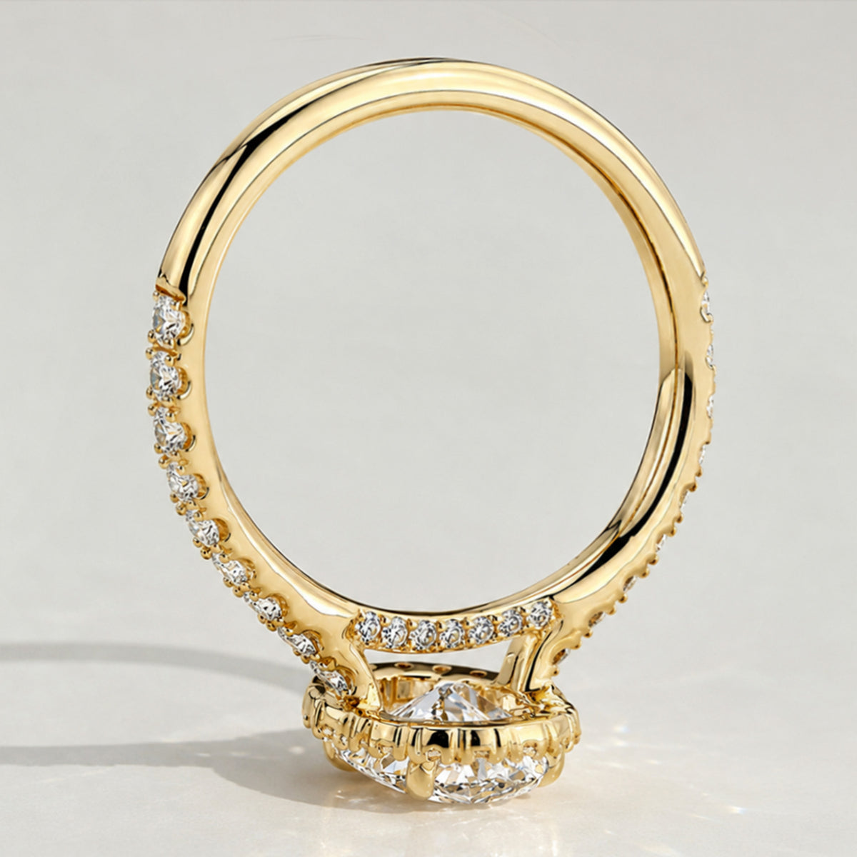 Halo Art Deco Design Oval Cut Lab Grown Diamond Cathedral Basket Pave Tapered Shank Polished Engagement Rings With Round Cut Accent And Baguette Cut Stones #MCERL0063