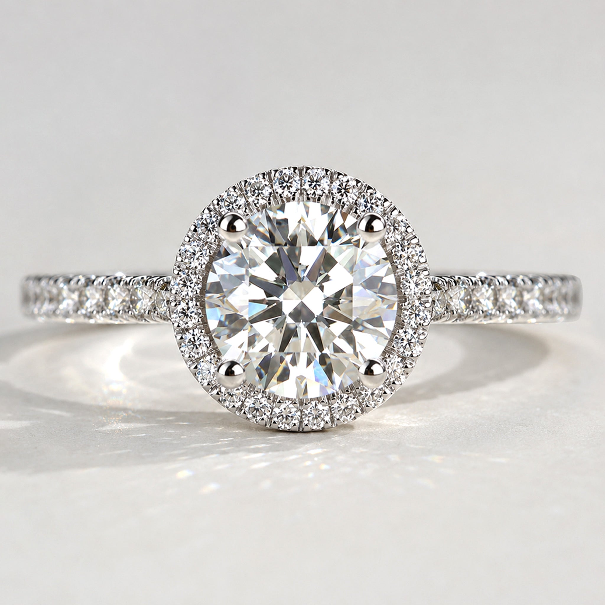 Classic Halo Design Round Cut Lab Grown Diamond Low Cathedral Basket Pave Shank Engagement Ring With Round Cut Accent Stones #MCERL0065