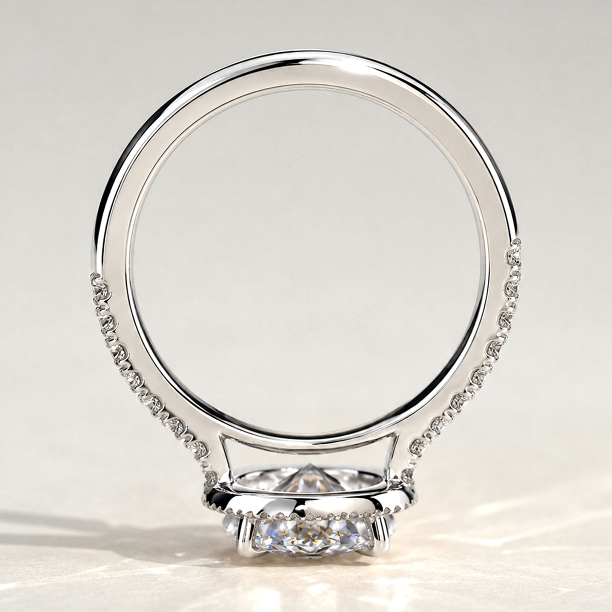 Classic Halo Design Round Cut Lab Grown Diamond Low Cathedral Basket Pave Shank Engagement Ring With Round Cut Accent Stones #MCERL0065