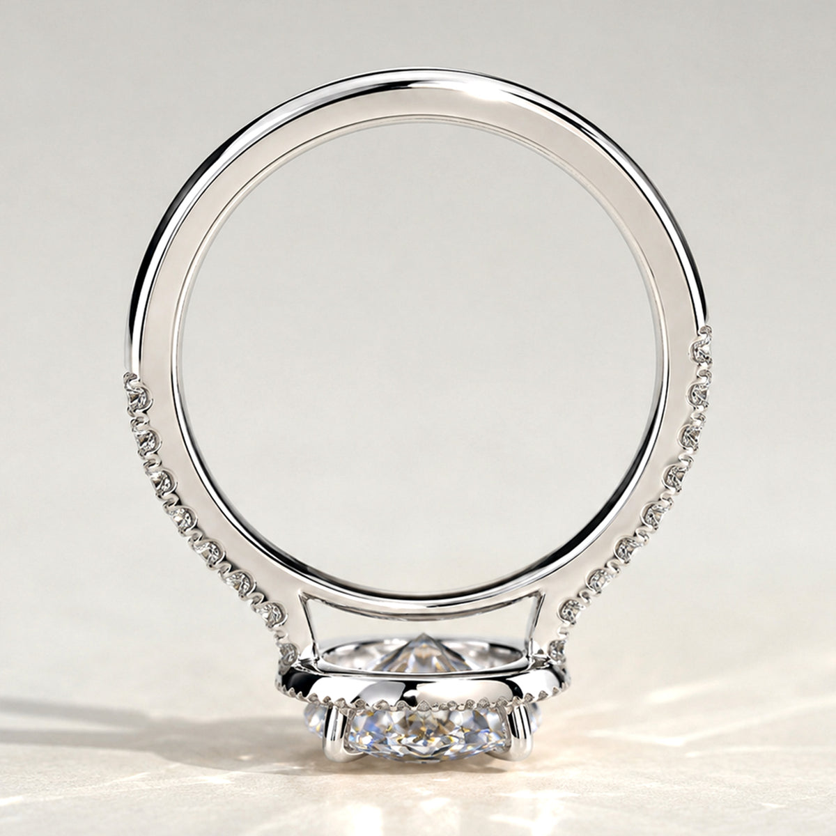 Classic Halo Design Round Cut Lab Grown Diamond Low Cathedral Basket Pave Shank Engagement Ring With Round Cut Accent Stones #MCERL0065
