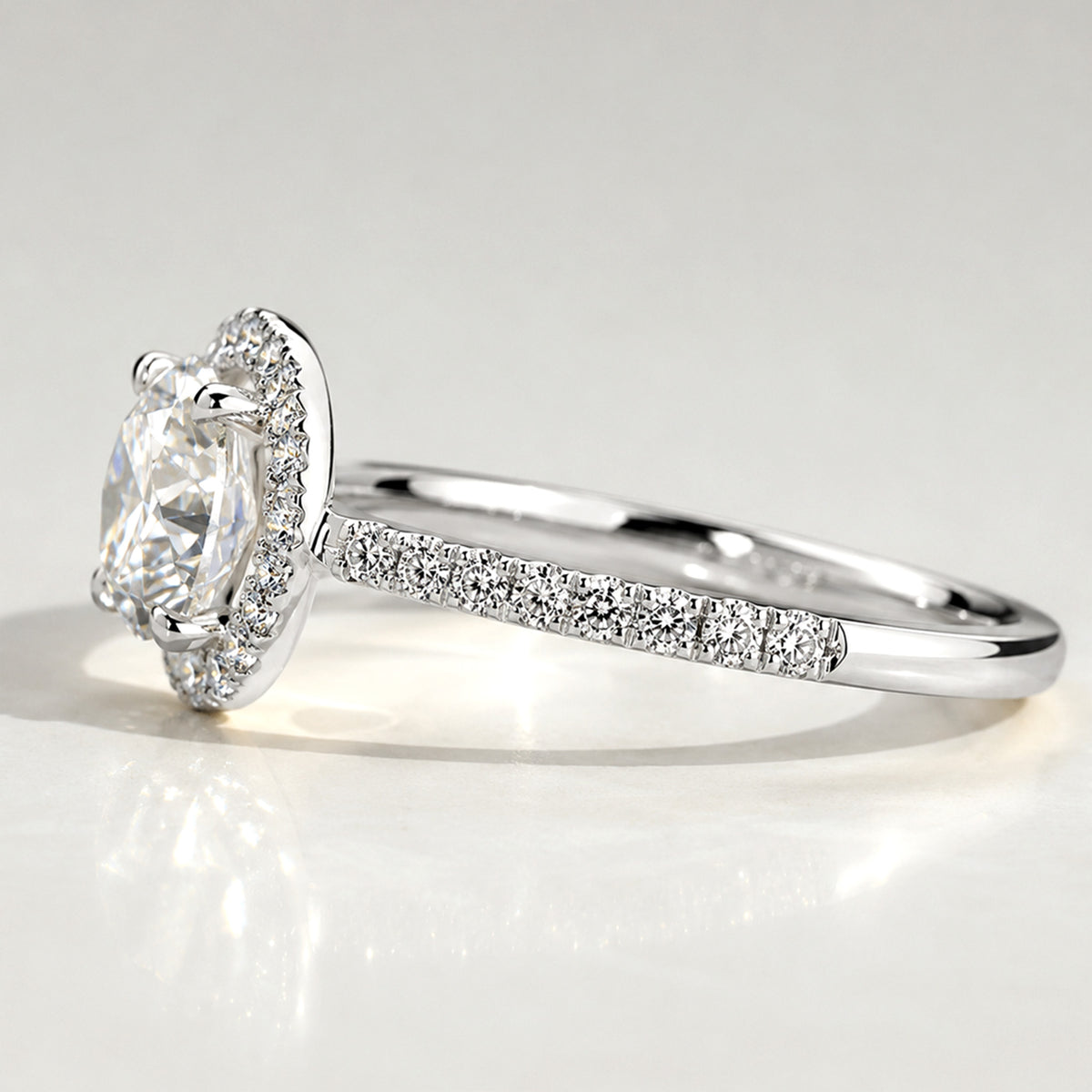 Classic Halo Design Round Cut Lab Grown Diamond Low Cathedral Basket Pave Shank Engagement Ring With Round Cut Accent Stones #MCERL0065