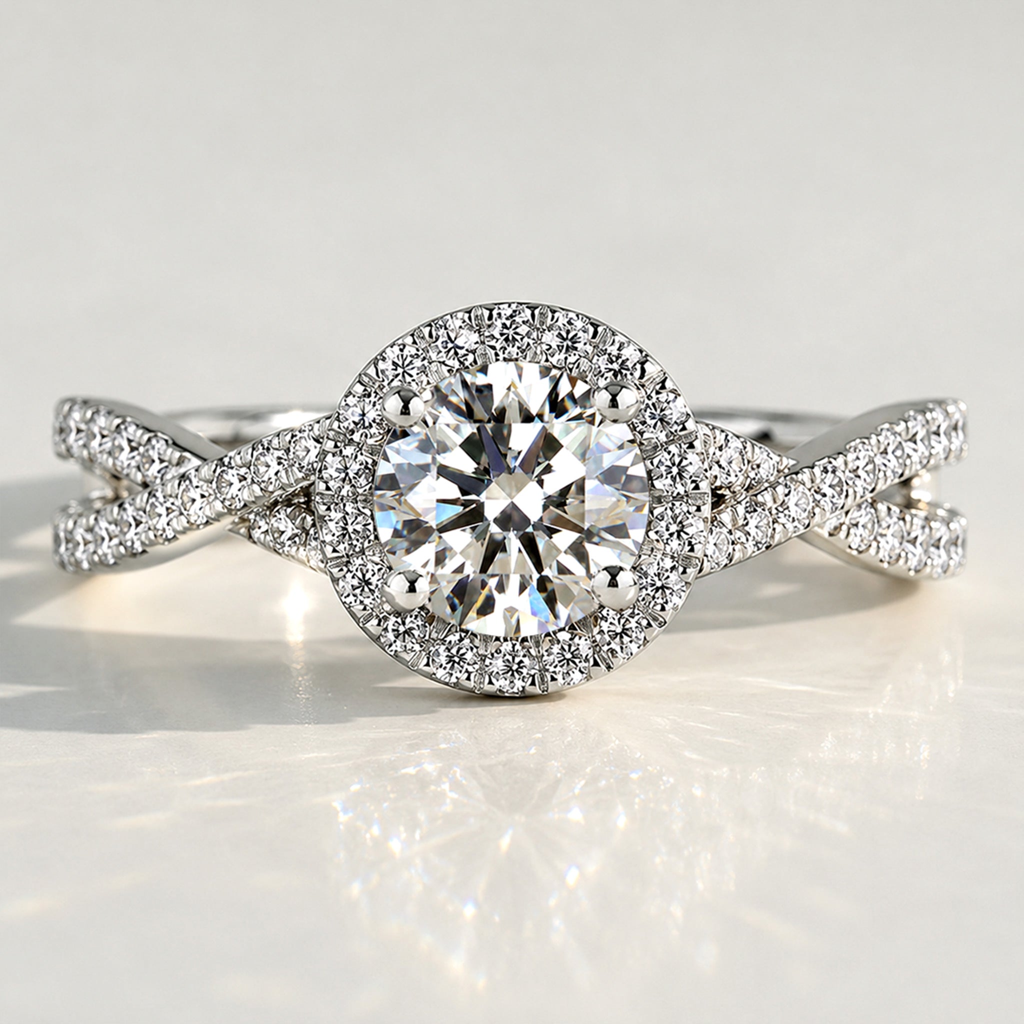 Modern Halo Design Round Cut Lab Grown Diamond Cathedral Basket Pave Infinity Twisted Shank Engagement Ring With Round Cut Accent Stones#MCERL0066