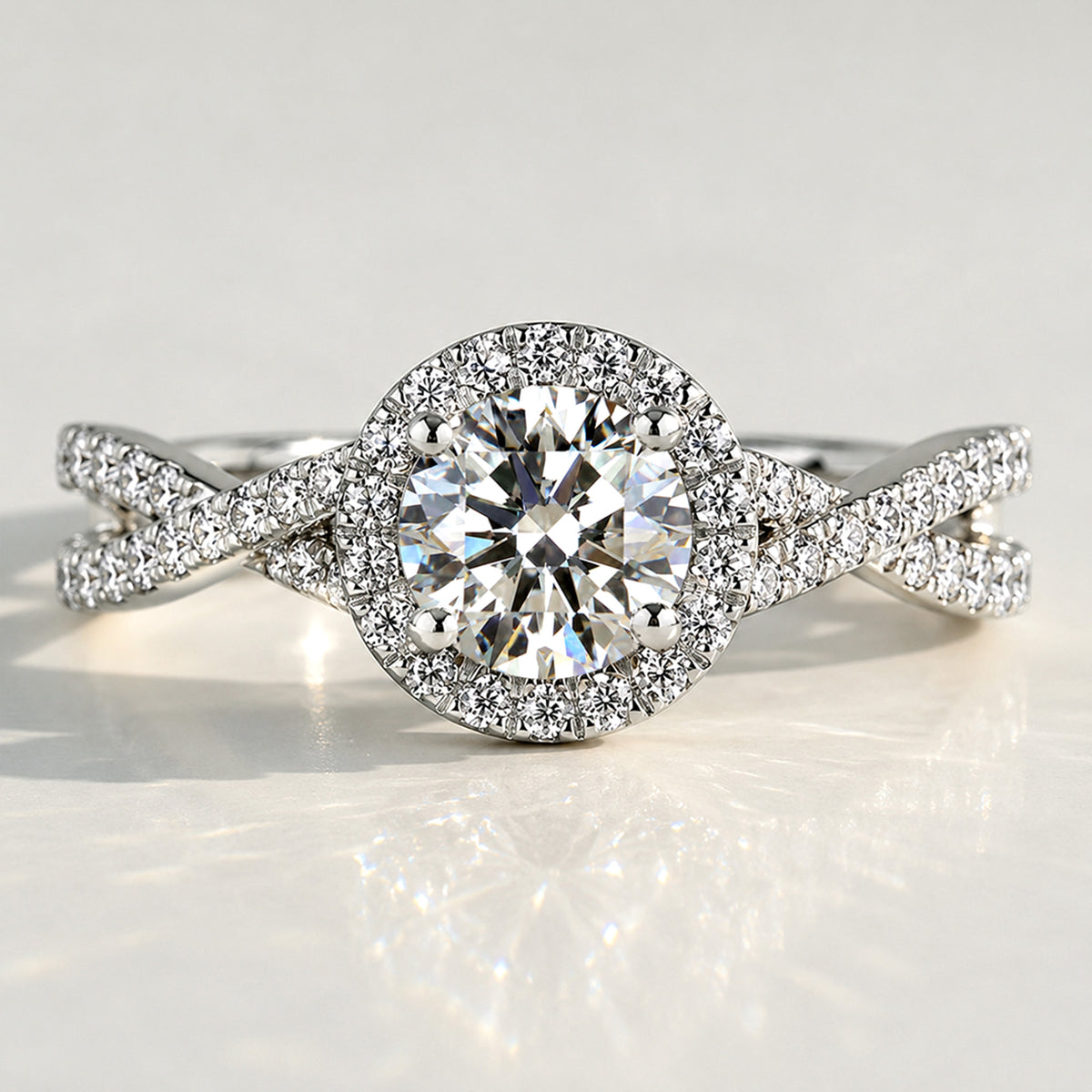 Modern Halo Design Round Cut Lab Grown Diamond Cathedral Basket Pave Infinity Twisted Shank Engagement Ring With Round Cut Accent Stones#MCERL0066