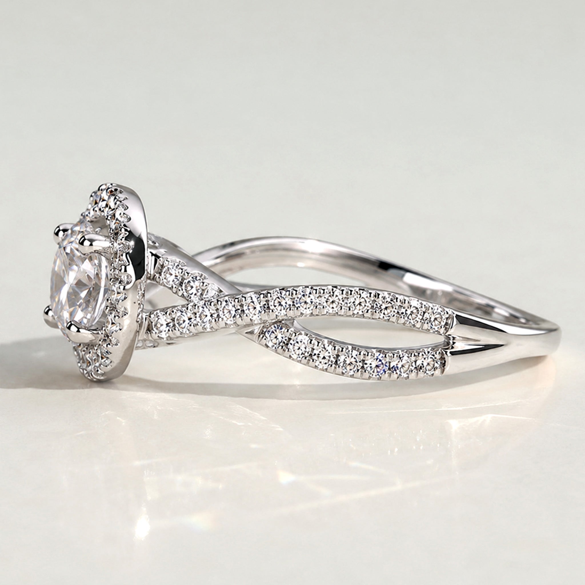 Modern Halo Design Round Cut Lab Grown Diamond Cathedral Basket Pave Infinity Twisted Shank Engagement Ring With Round Cut Accent Stones#MCERL0066