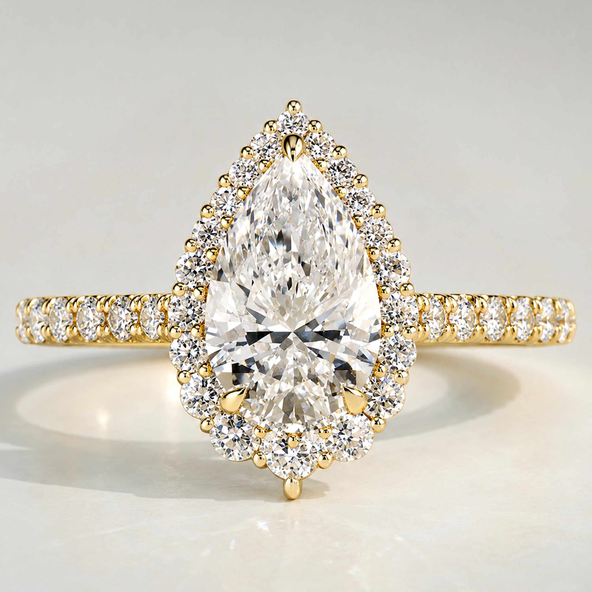 Halo Design Pear Cut Lab Grown Diamond Cathedral Basket Pave Shank Engagement Ring With Round Cut Accent Stones #MCERL0067