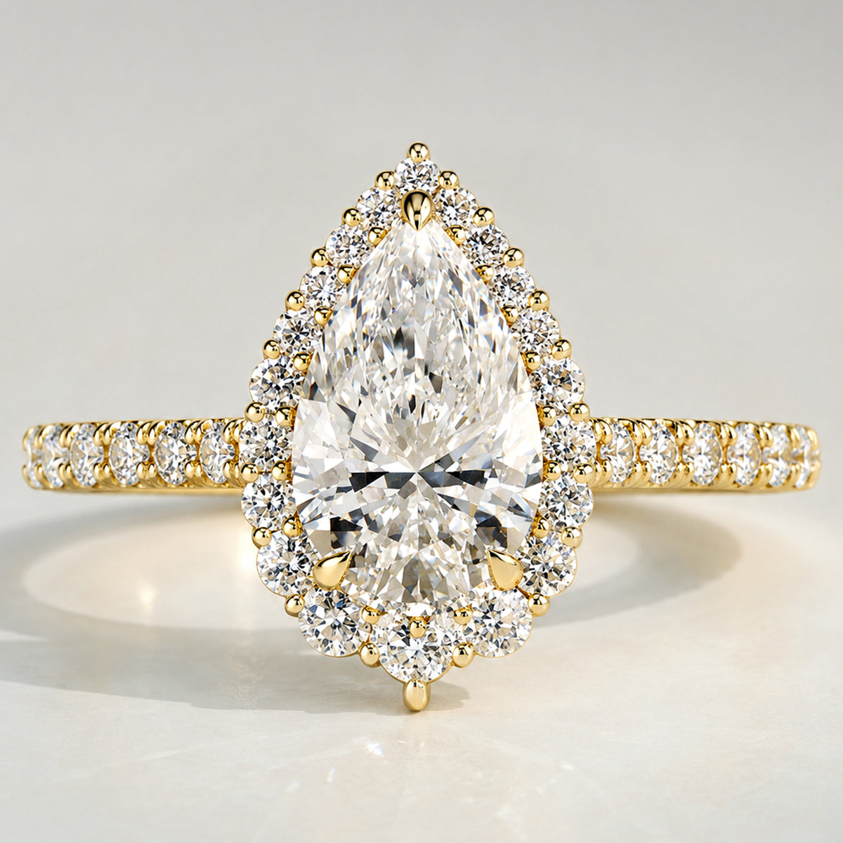 Halo Design Pear Cut Lab Grown Diamond Cathedral Basket Pave Shank Engagement Ring With Round Cut Accent Stones #MCERL0067