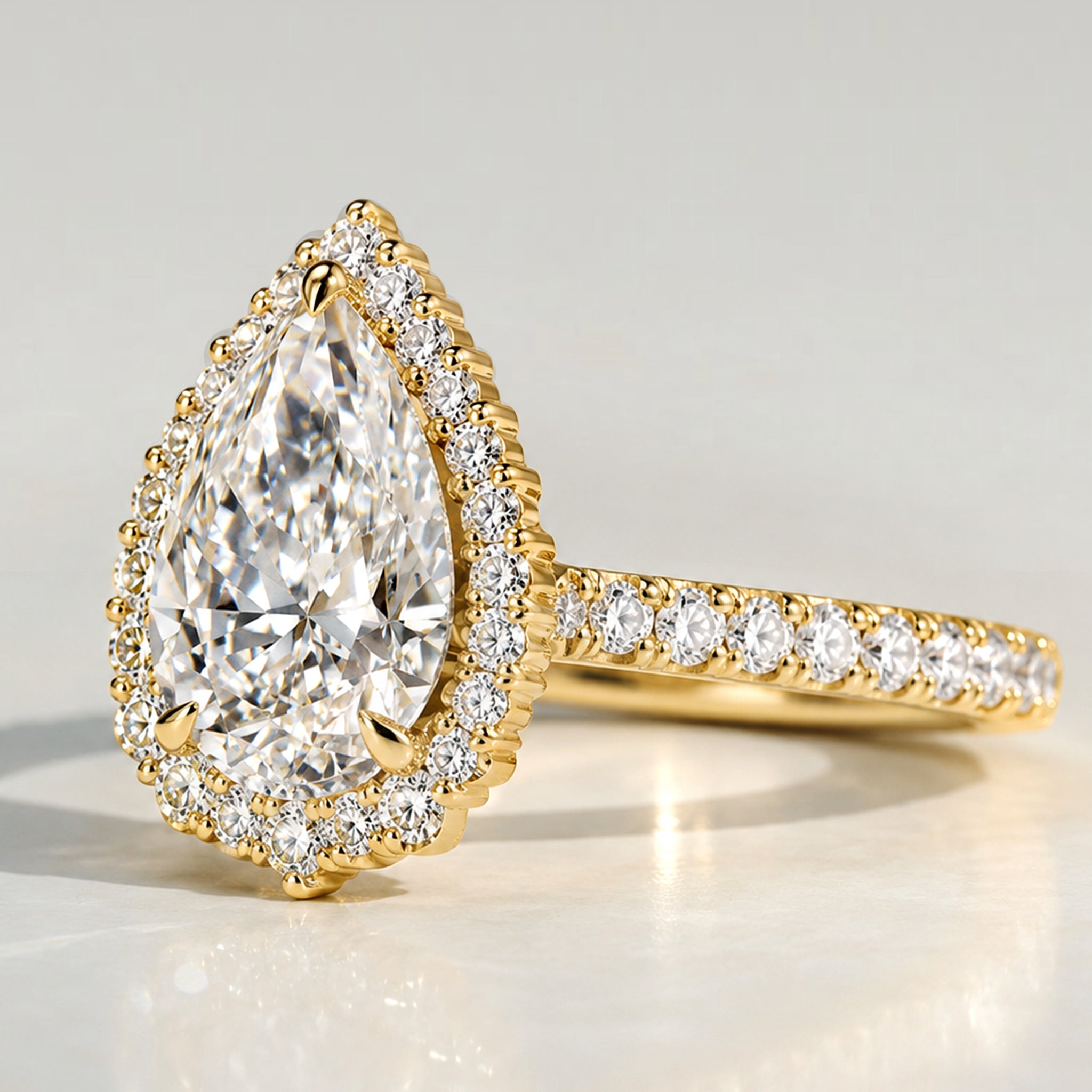 Halo Design Pear Cut Lab Grown Diamond Cathedral Basket Pave Shank Engagement Ring With Round Cut Accent Stones #MCERL0067