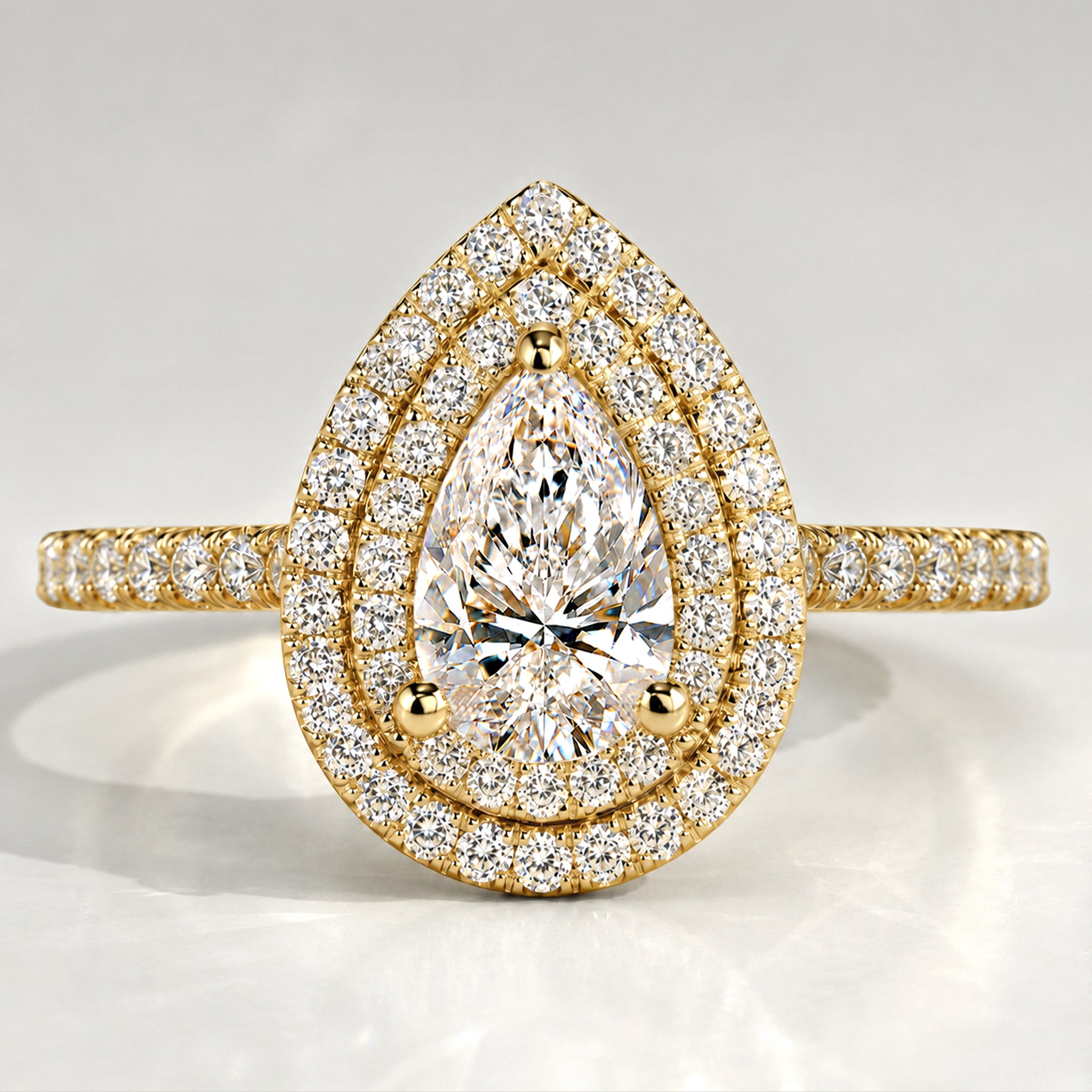 Classic Double Halo Design Pear Cut Lab Grown Diamond Cathedral Basket Pave Shank Engagement Ring With Round Cut Accent Stones #MCERL0068